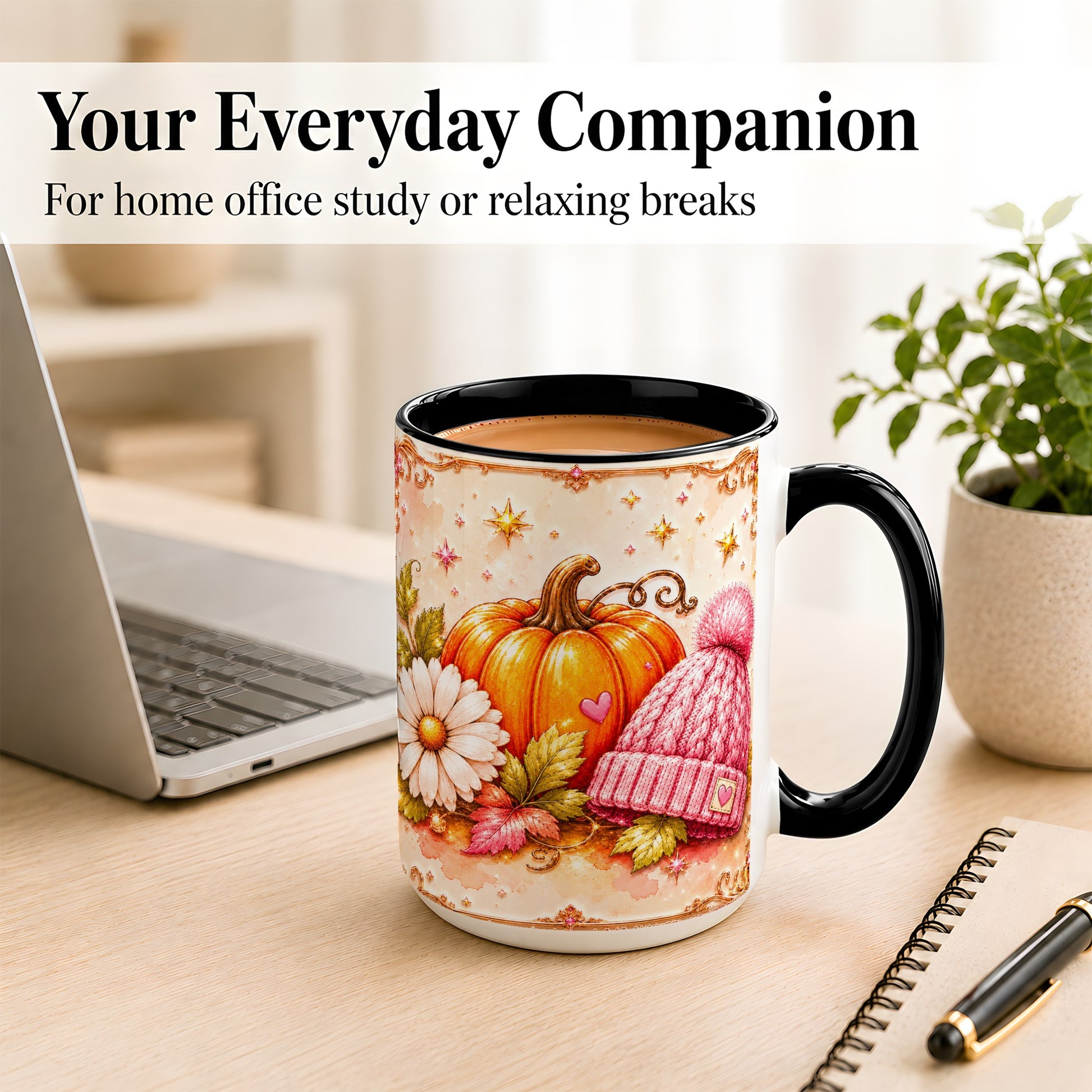 #pl[15oz|Black] Pink Pumpkin Daisy Coffee Mug, Cozy Autumn Knit Hat Mug, Ceramic Cup