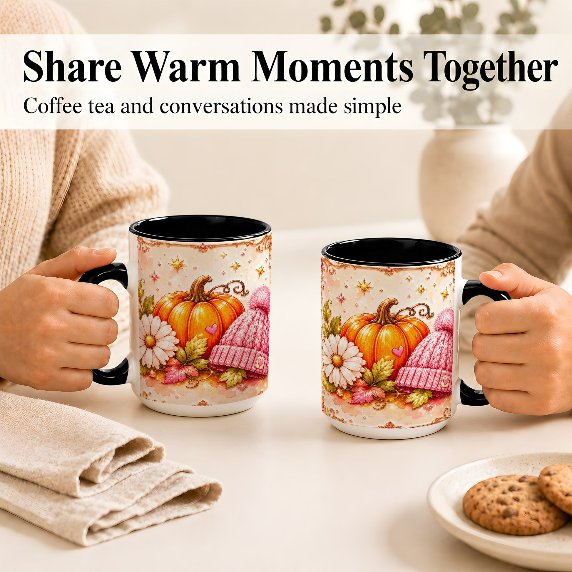 #pl[15oz|Black] Pink Pumpkin Daisy Coffee Mug, Cozy Autumn Knit Hat Mug, Ceramic Cup