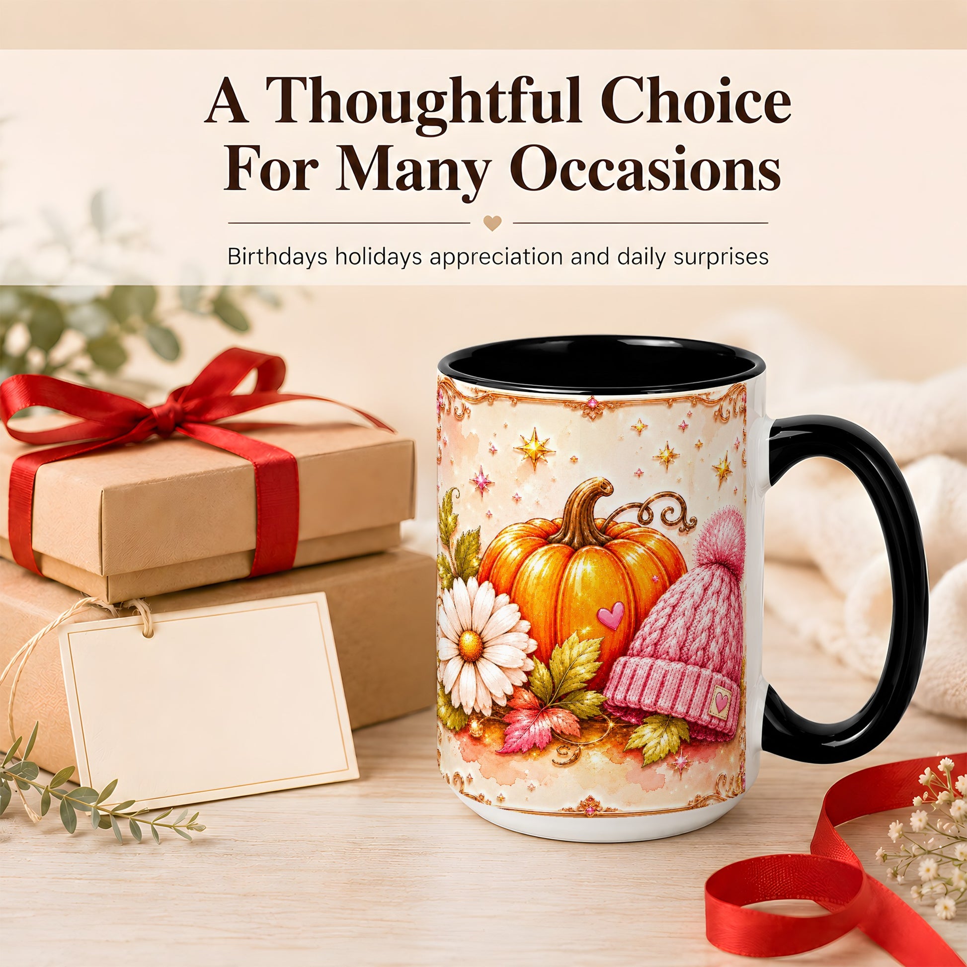 #pl[15oz|Black] Pink Pumpkin Daisy Coffee Mug, Cozy Autumn Knit Hat Mug, Ceramic Cup
