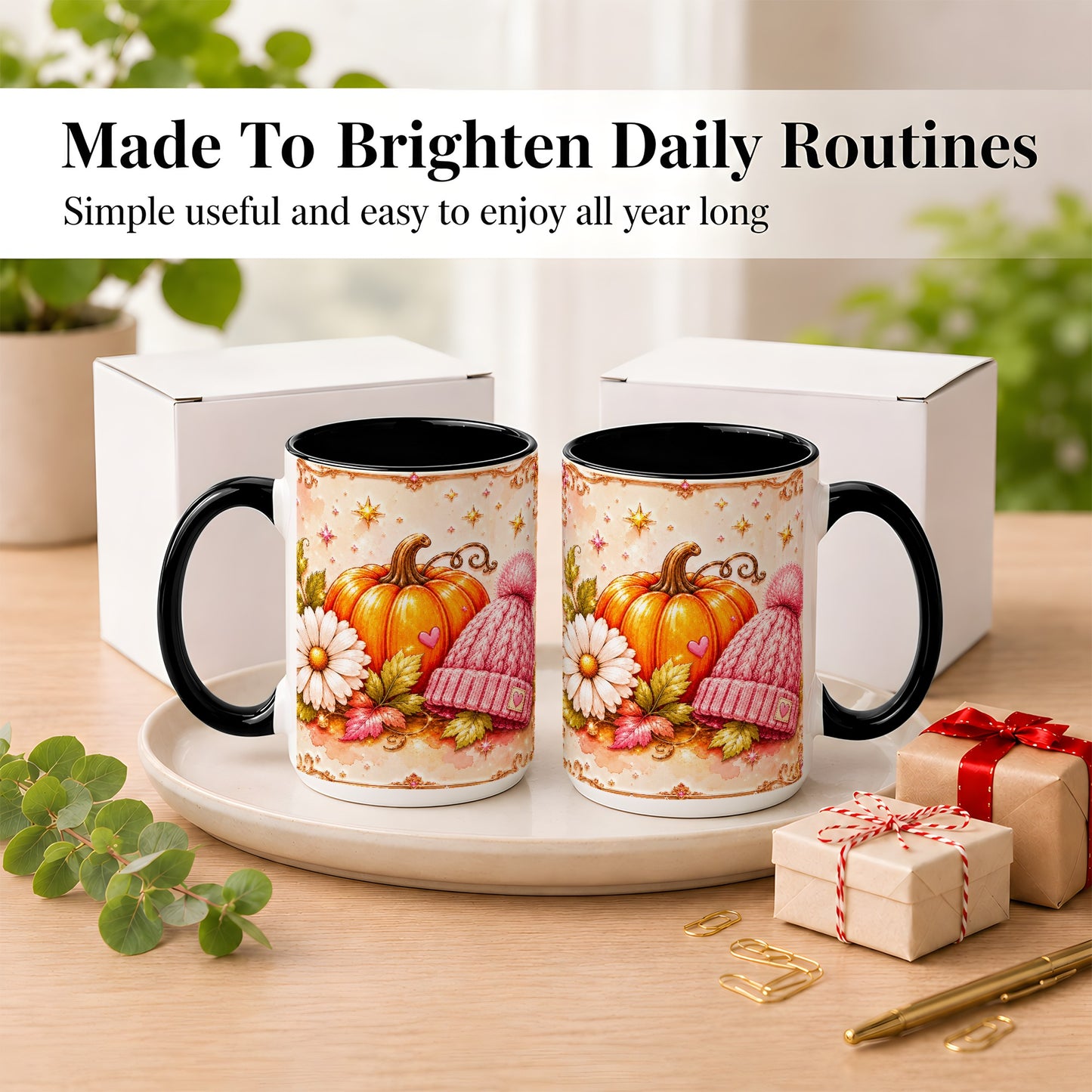 #pl[15oz|Black] Pink Pumpkin Daisy Coffee Mug, Cozy Autumn Knit Hat Mug, Ceramic Cup