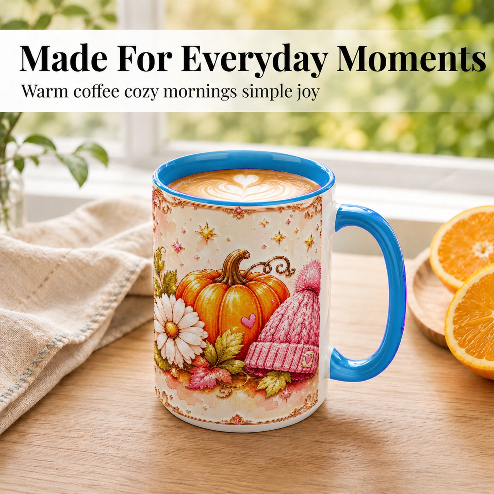 #pl[15oz|Blue] Pink Pumpkin Daisy Coffee Mug, Cozy Autumn Knit Hat Mug, Ceramic Cup