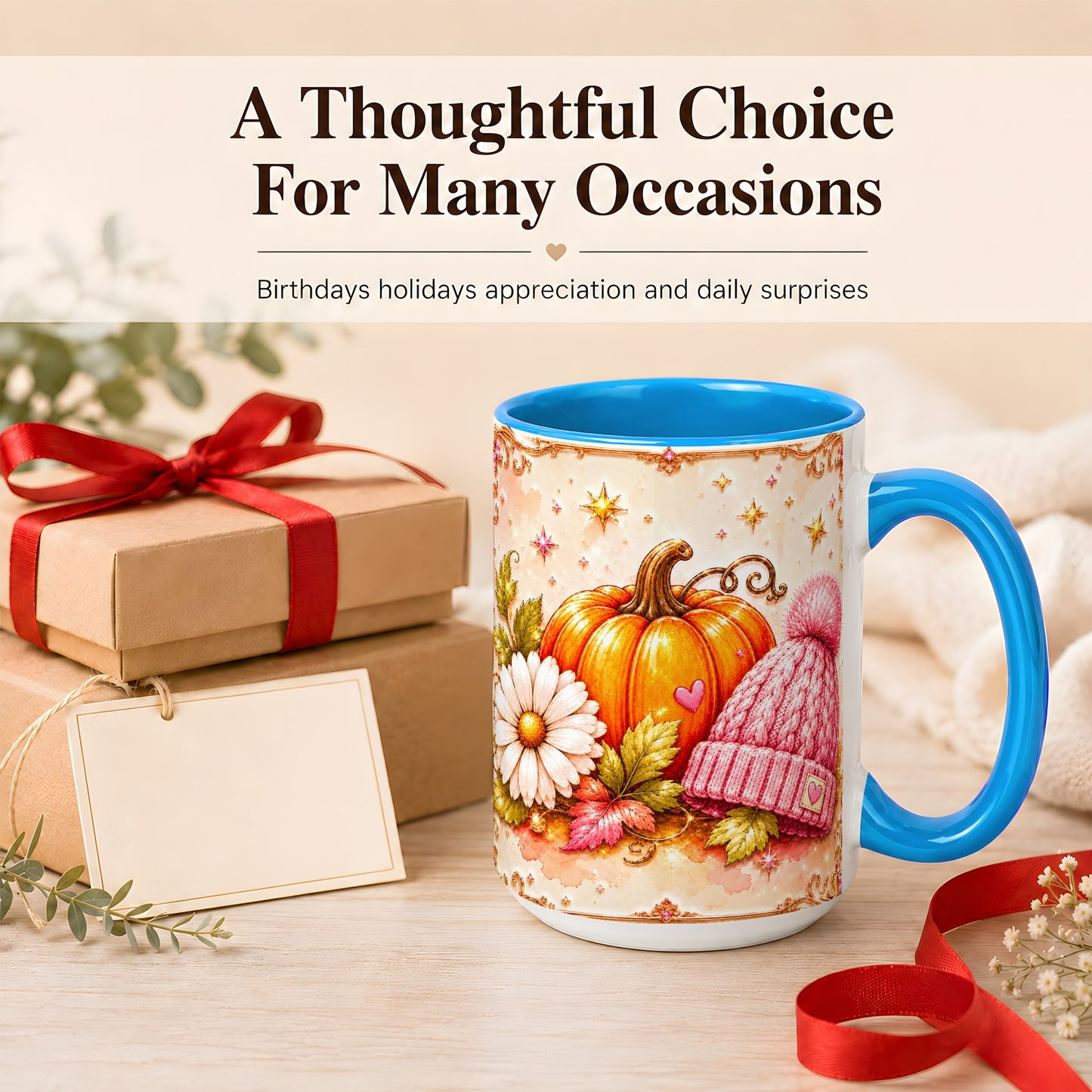 #pl[15oz|Blue] Pink Pumpkin Daisy Coffee Mug, Cozy Autumn Knit Hat Mug, Ceramic Cup