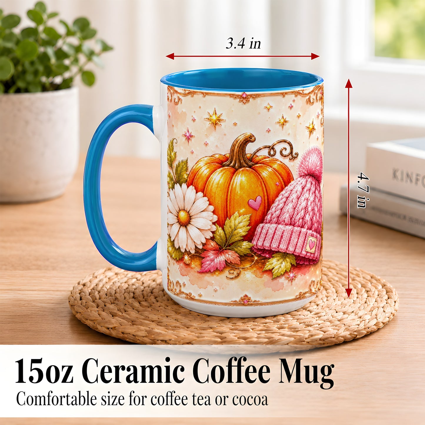 #pl[15oz|Blue] Pink Pumpkin Daisy Coffee Mug, Cozy Autumn Knit Hat Mug, Ceramic Cup