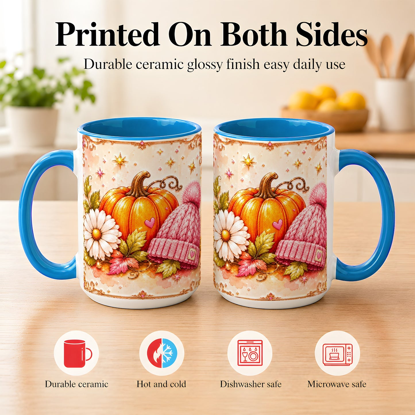 #pl[15oz|Blue] Pink Pumpkin Daisy Coffee Mug, Cozy Autumn Knit Hat Mug, Ceramic Cup