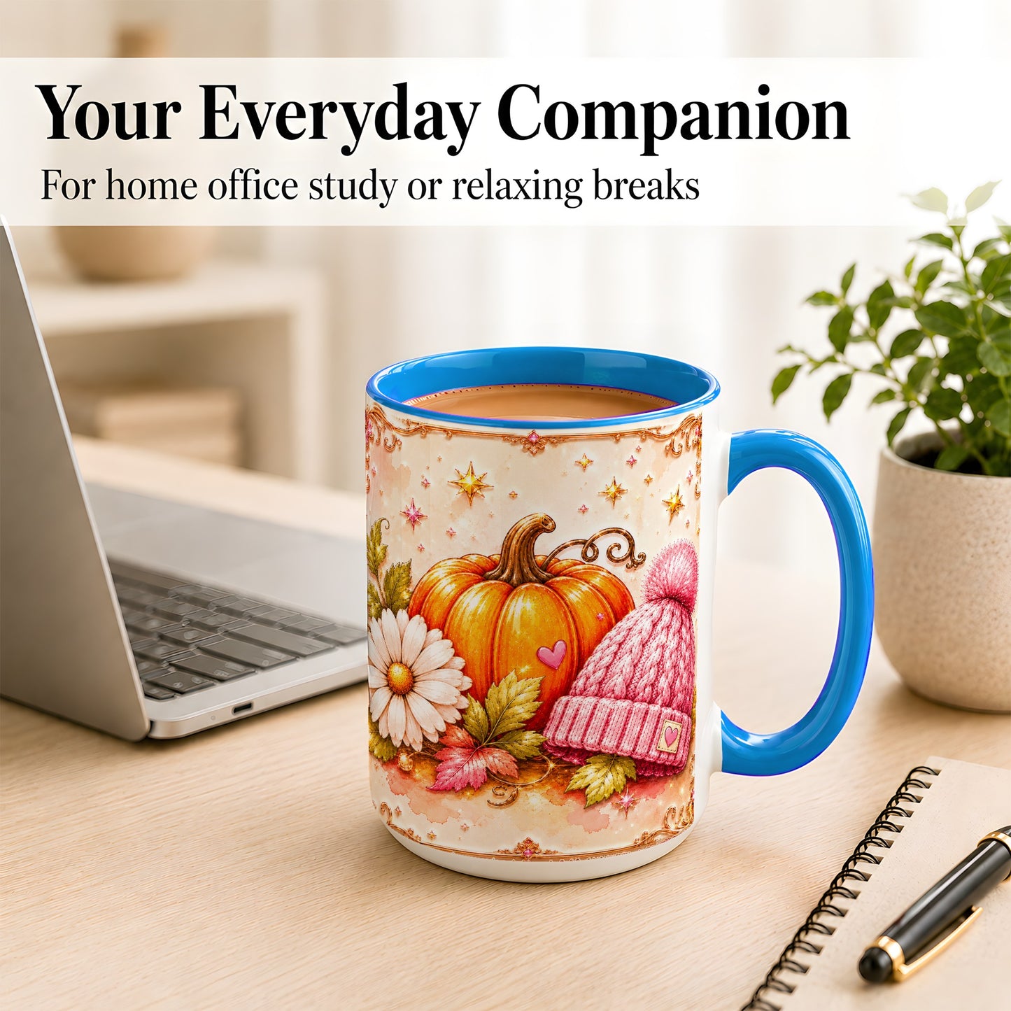 #pl[15oz|Blue] Pink Pumpkin Daisy Coffee Mug, Cozy Autumn Knit Hat Mug, Ceramic Cup