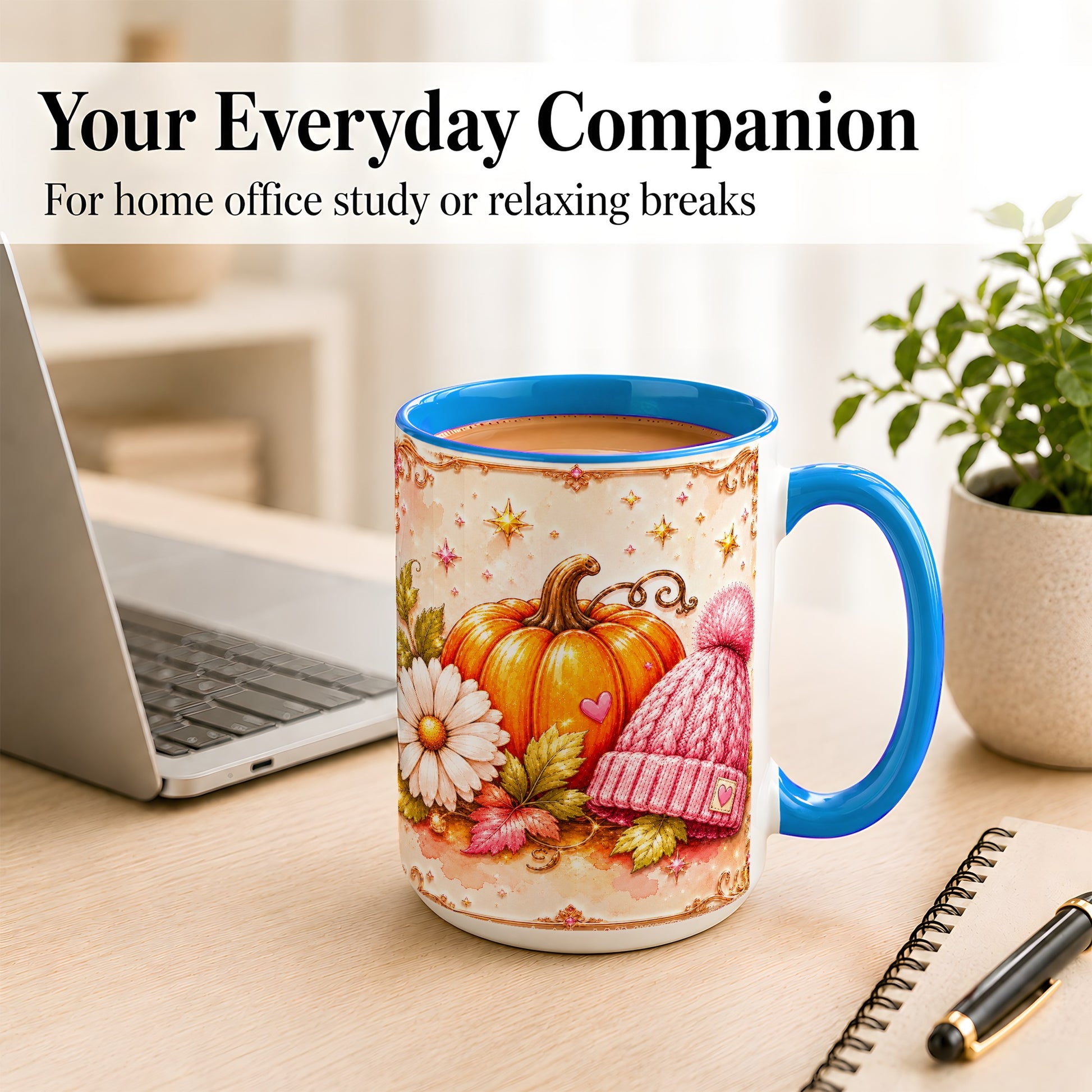 #pl[15oz|Blue] Pink Pumpkin Daisy Coffee Mug, Cozy Autumn Knit Hat Mug, Ceramic Cup