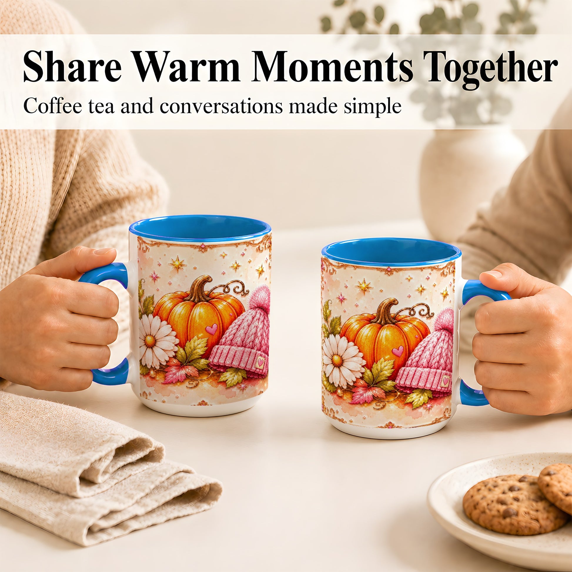#pl[15oz|Blue] Pink Pumpkin Daisy Coffee Mug, Cozy Autumn Knit Hat Mug, Ceramic Cup