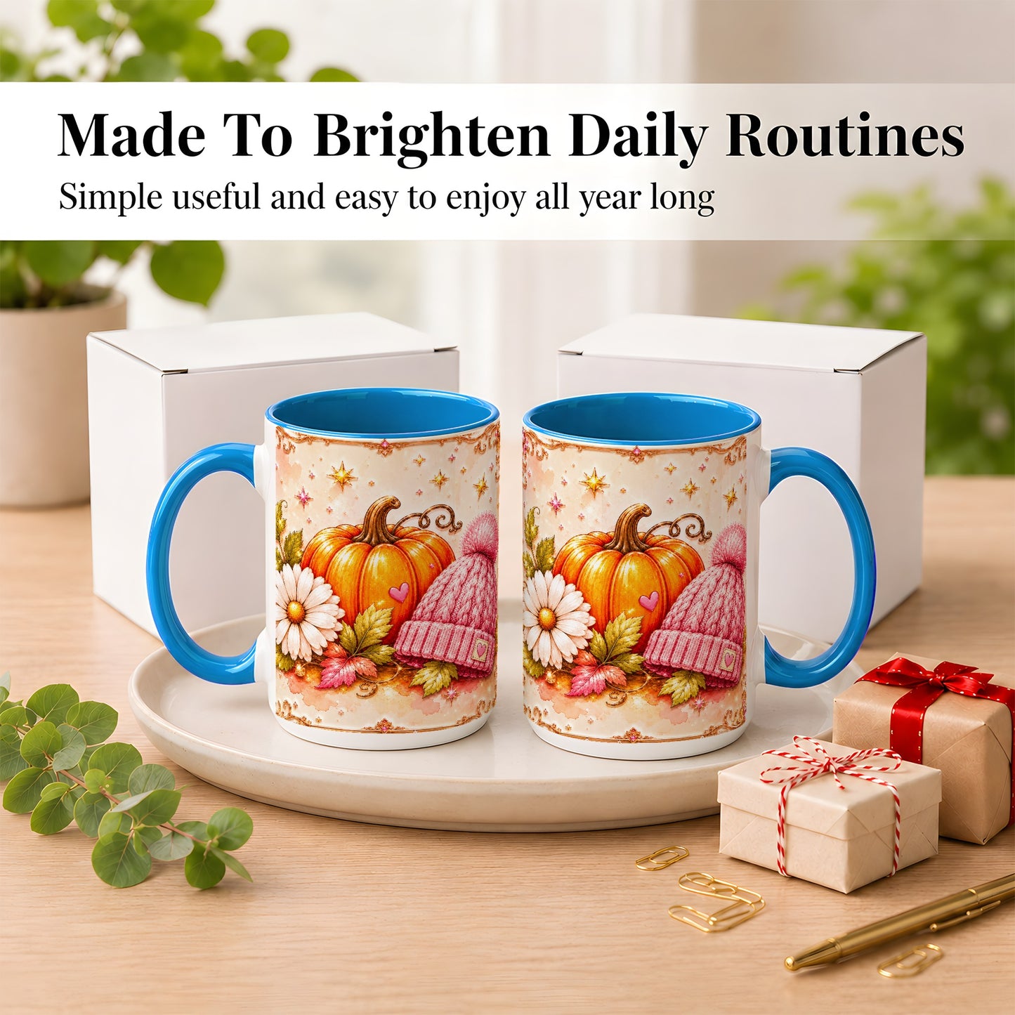 #pl[15oz|Blue] Pink Pumpkin Daisy Coffee Mug, Cozy Autumn Knit Hat Mug, Ceramic Cup
