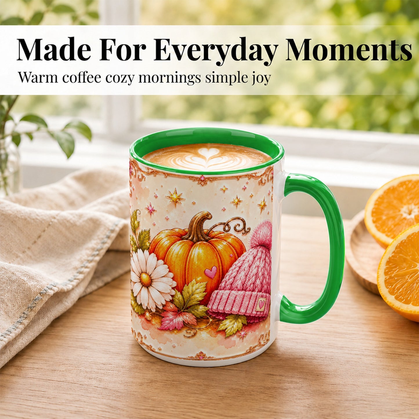 #pl[15oz|Green] Pink Pumpkin Daisy Coffee Mug, Cozy Autumn Knit Hat Mug, Ceramic Cup