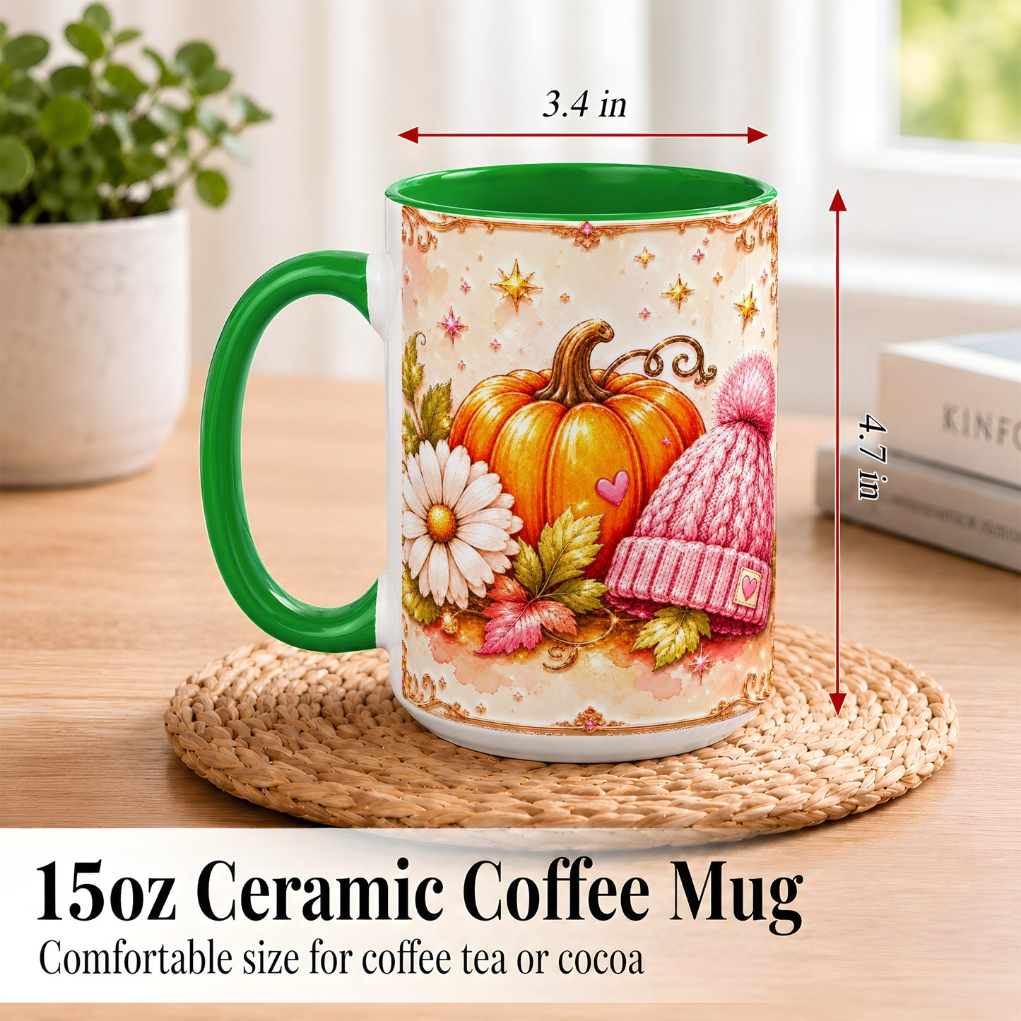 #pl[15oz|Green] Pink Pumpkin Daisy Coffee Mug, Cozy Autumn Knit Hat Mug, Ceramic Cup