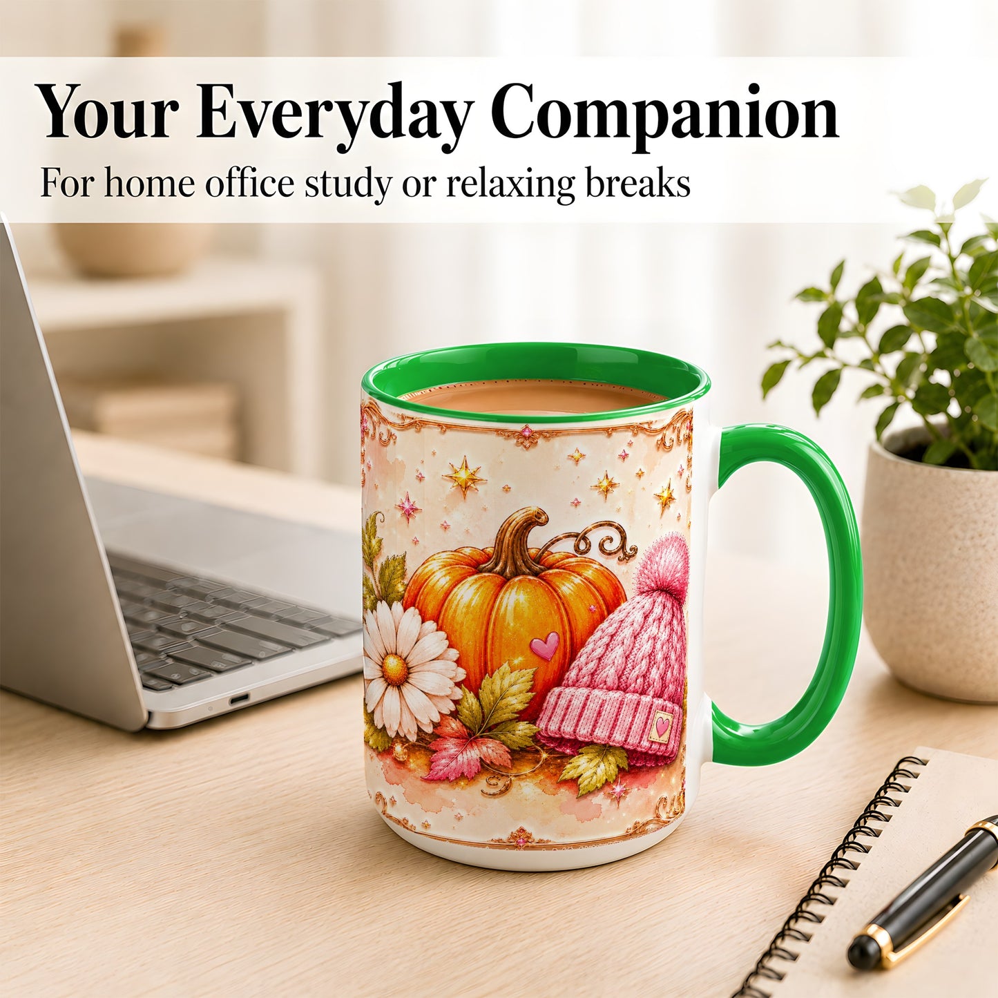 #pl[15oz|Green] Pink Pumpkin Daisy Coffee Mug, Cozy Autumn Knit Hat Mug, Ceramic Cup