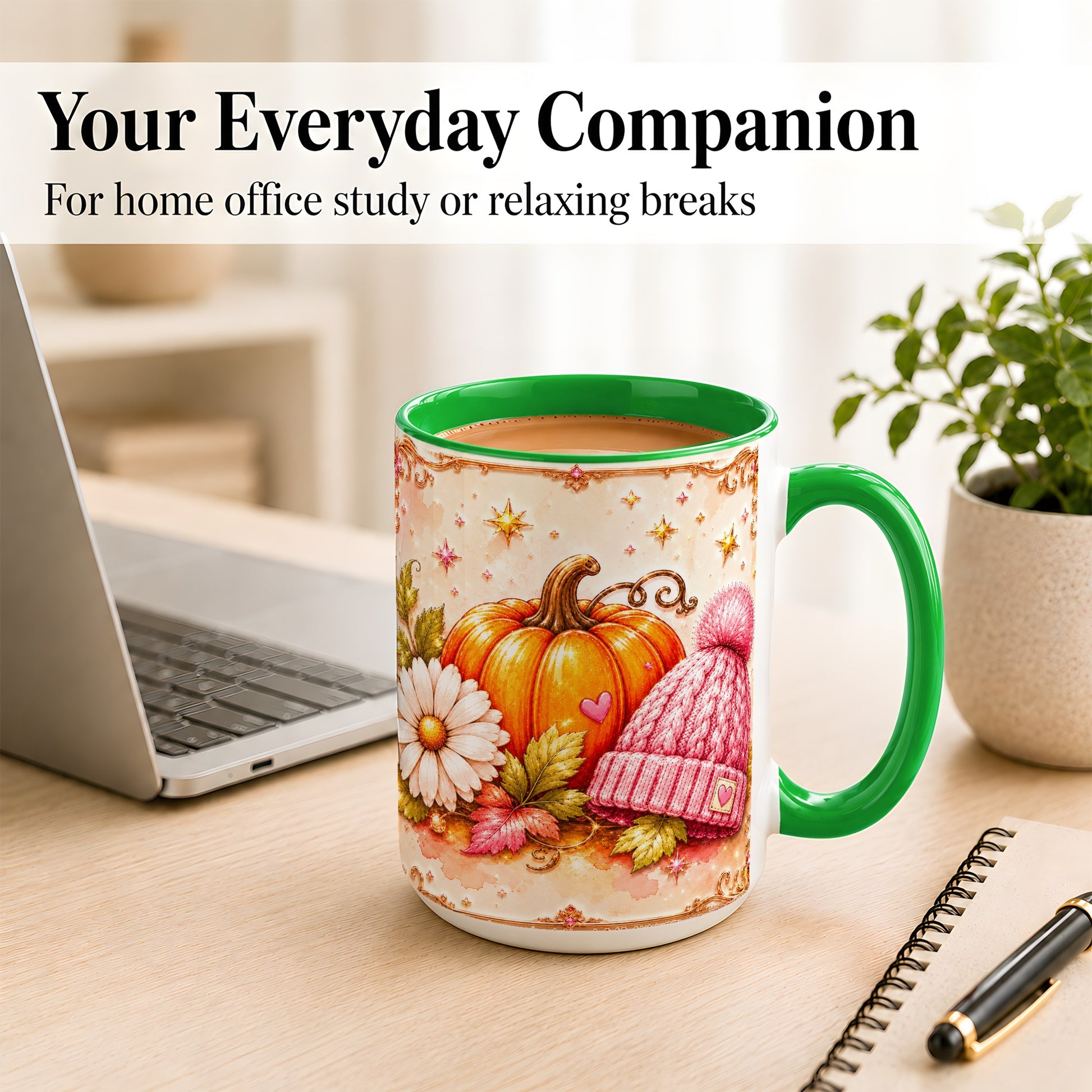 #pl[15oz|Green] Pink Pumpkin Daisy Coffee Mug, Cozy Autumn Knit Hat Mug, Ceramic Cup