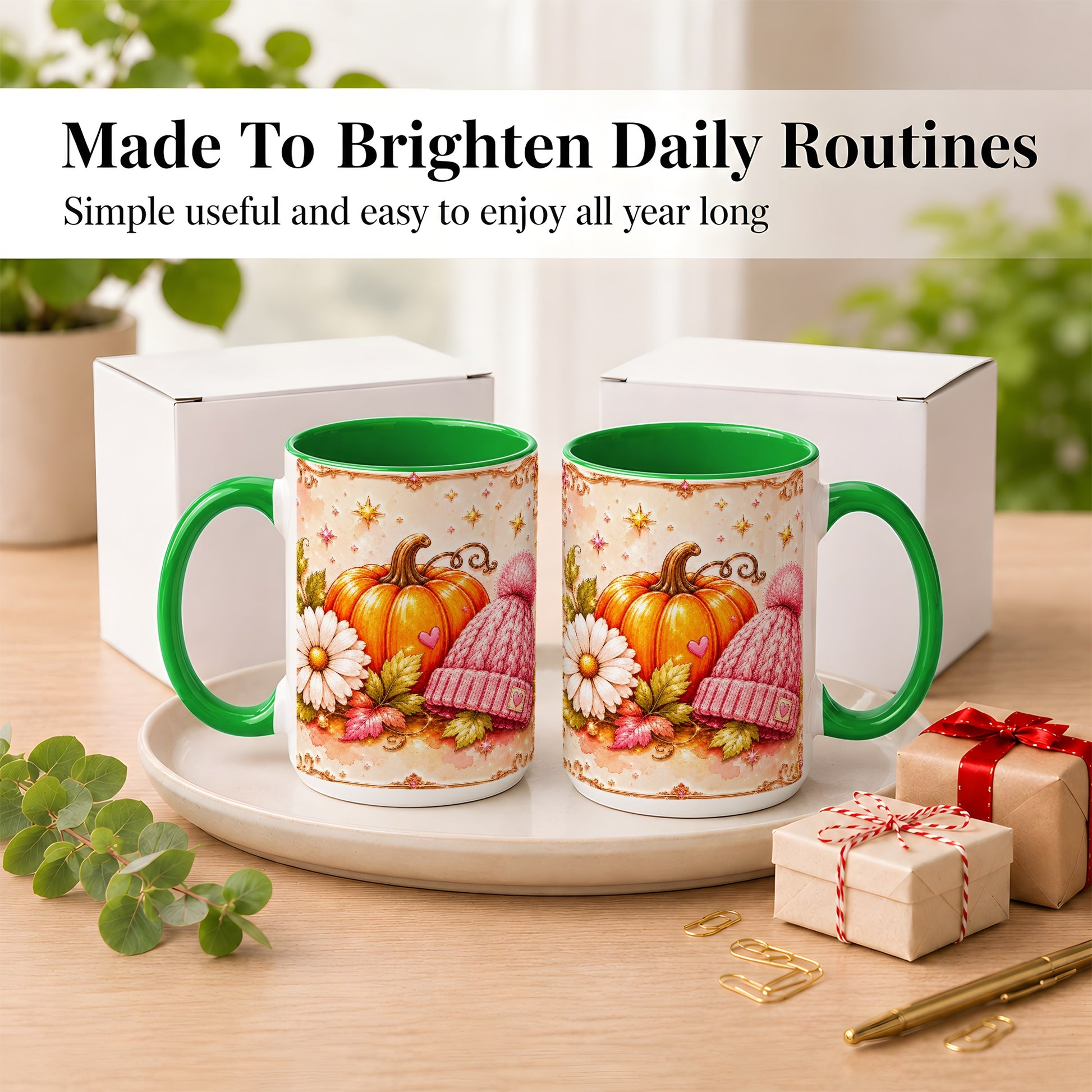 #pl[15oz|Green] Pink Pumpkin Daisy Coffee Mug, Cozy Autumn Knit Hat Mug, Ceramic Cup