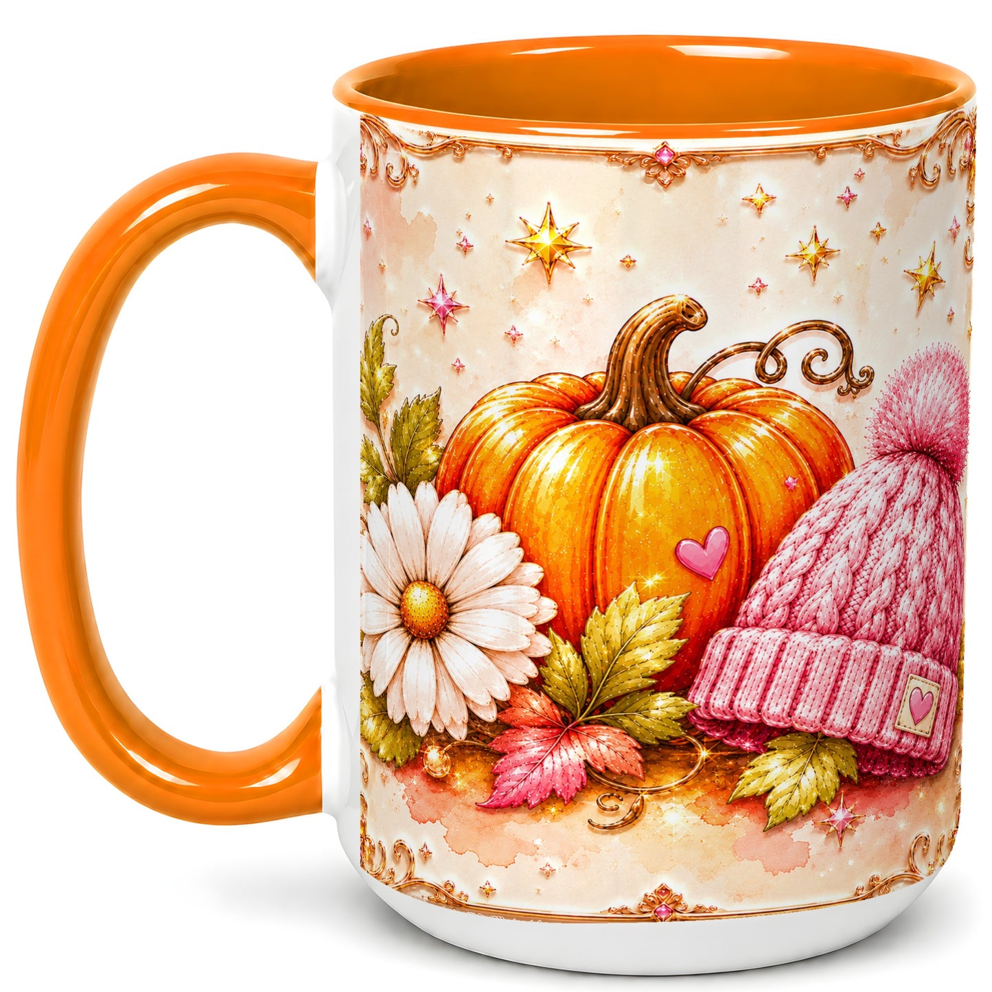 #pl[15oz|Orange] Pink Pumpkin Daisy Coffee Mug, Cozy Autumn Knit Hat Mug, Ceramic Cup