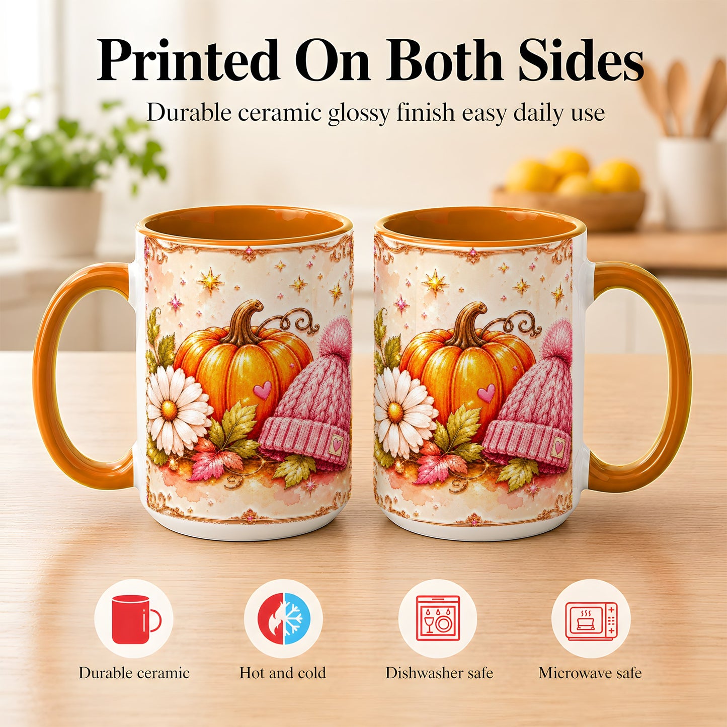 #pl[15oz|Orange] Pink Pumpkin Daisy Coffee Mug, Cozy Autumn Knit Hat Mug, Ceramic Cup