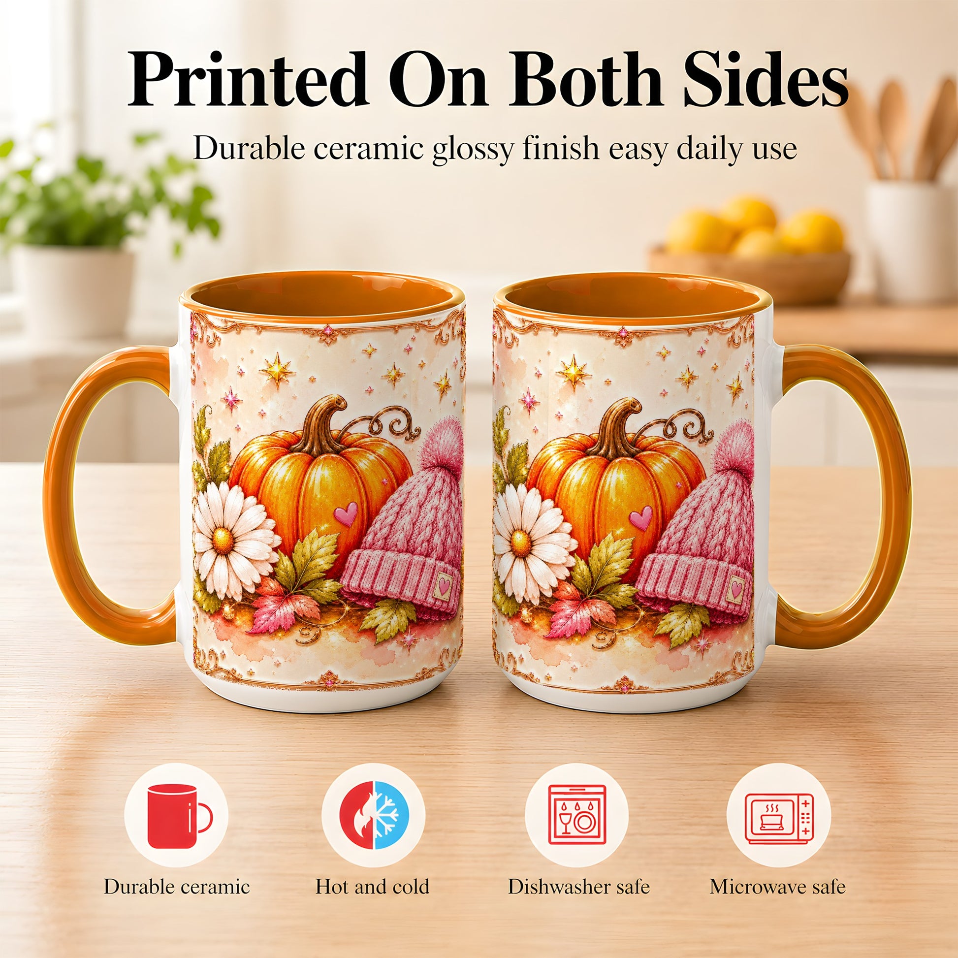 #pl[15oz|Orange] Pink Pumpkin Daisy Coffee Mug, Cozy Autumn Knit Hat Mug, Ceramic Cup