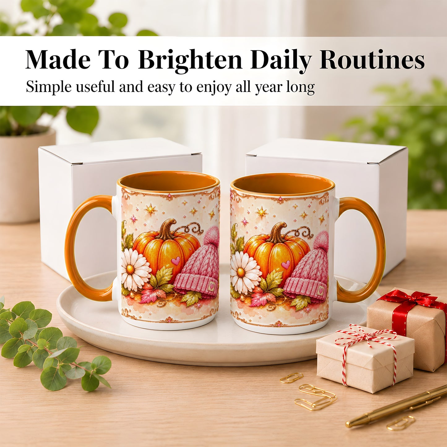 #pl[15oz|Orange] Pink Pumpkin Daisy Coffee Mug, Cozy Autumn Knit Hat Mug, Ceramic Cup