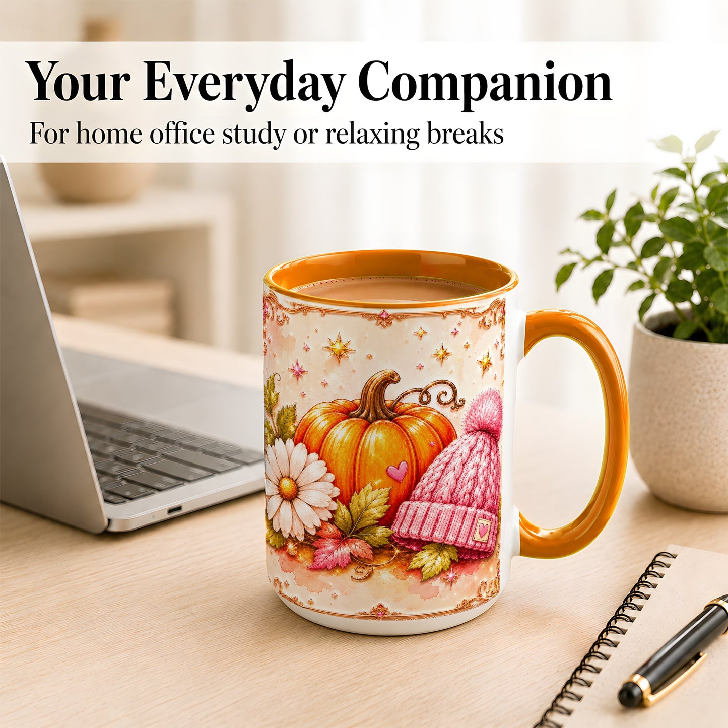 #pl[15oz|Orange] Pink Pumpkin Daisy Coffee Mug, Cozy Autumn Knit Hat Mug, Ceramic Cup