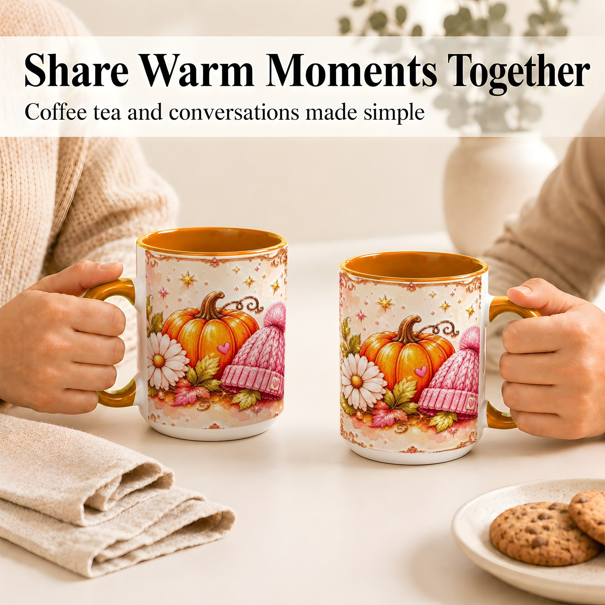 #pl[15oz|Orange] Pink Pumpkin Daisy Coffee Mug, Cozy Autumn Knit Hat Mug, Ceramic Cup