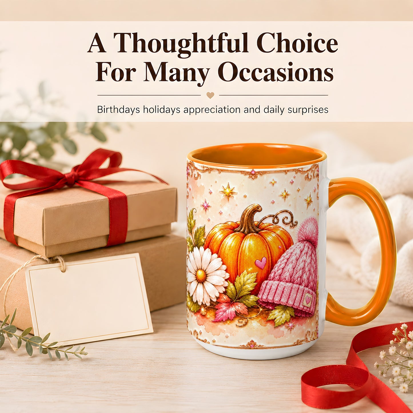 #pl[15oz|Orange] Pink Pumpkin Daisy Coffee Mug, Cozy Autumn Knit Hat Mug, Ceramic Cup