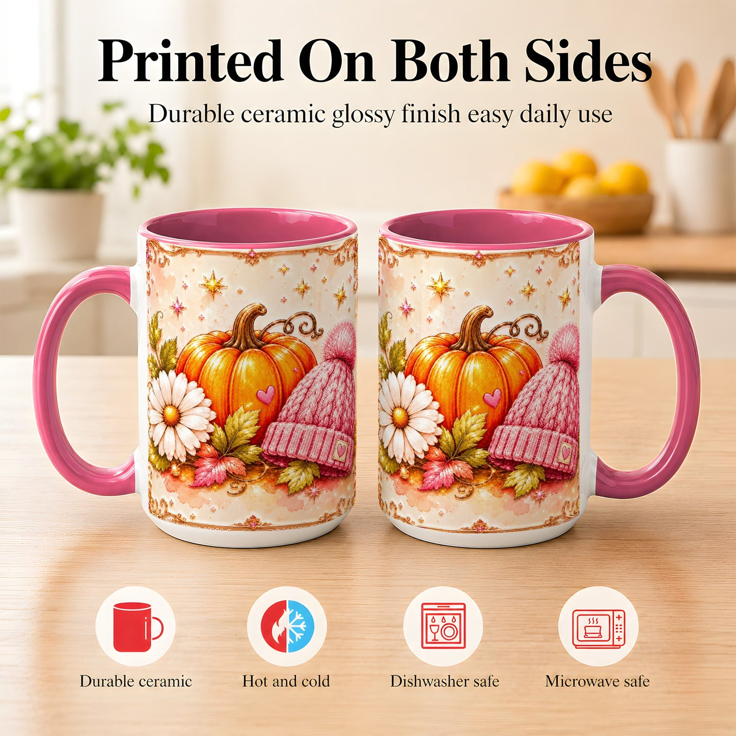 #pl[15oz|Pink] Pink Pumpkin Daisy Coffee Mug, Cozy Autumn Knit Hat Mug, Ceramic Cup