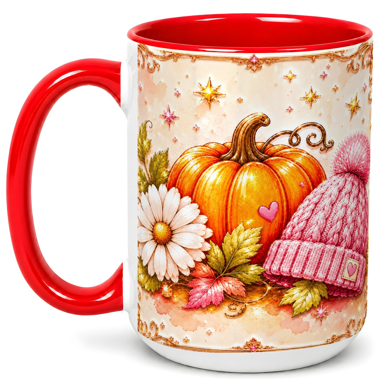 #pl[15oz|Red] Pink Pumpkin Daisy Coffee Mug, Cozy Autumn Knit Hat Mug, Ceramic Cup