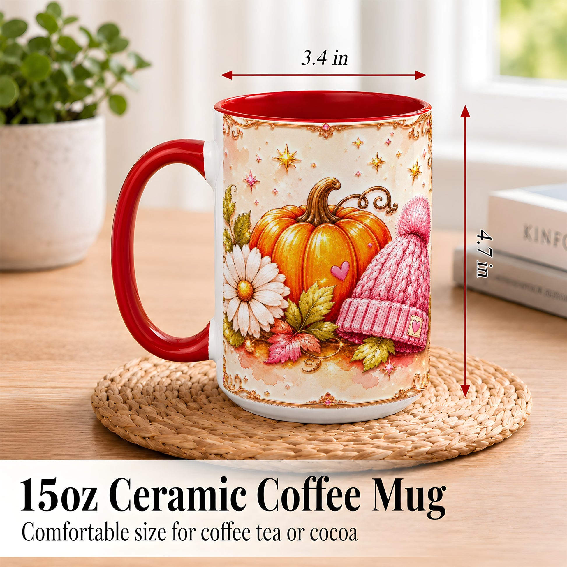 #pl[15oz|Red] Pink Pumpkin Daisy Coffee Mug, Cozy Autumn Knit Hat Mug, Ceramic Cup