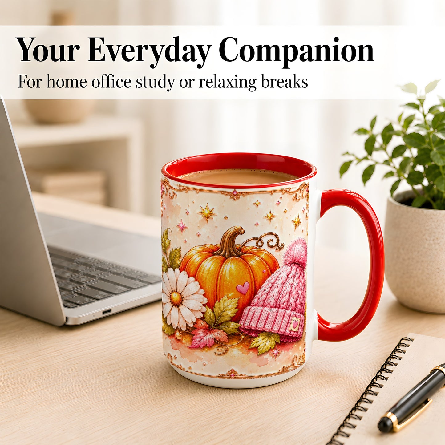 #pl[15oz|Red] Pink Pumpkin Daisy Coffee Mug, Cozy Autumn Knit Hat Mug, Ceramic Cup