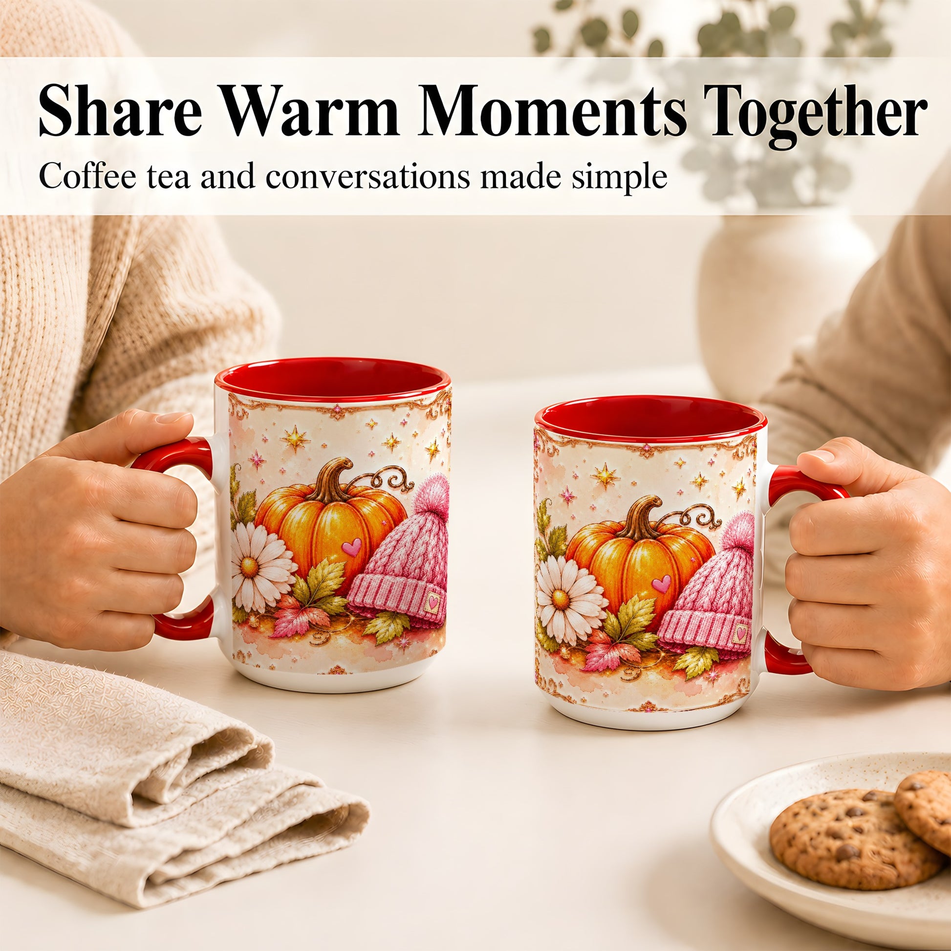 #pl[15oz|Red] Pink Pumpkin Daisy Coffee Mug, Cozy Autumn Knit Hat Mug, Ceramic Cup