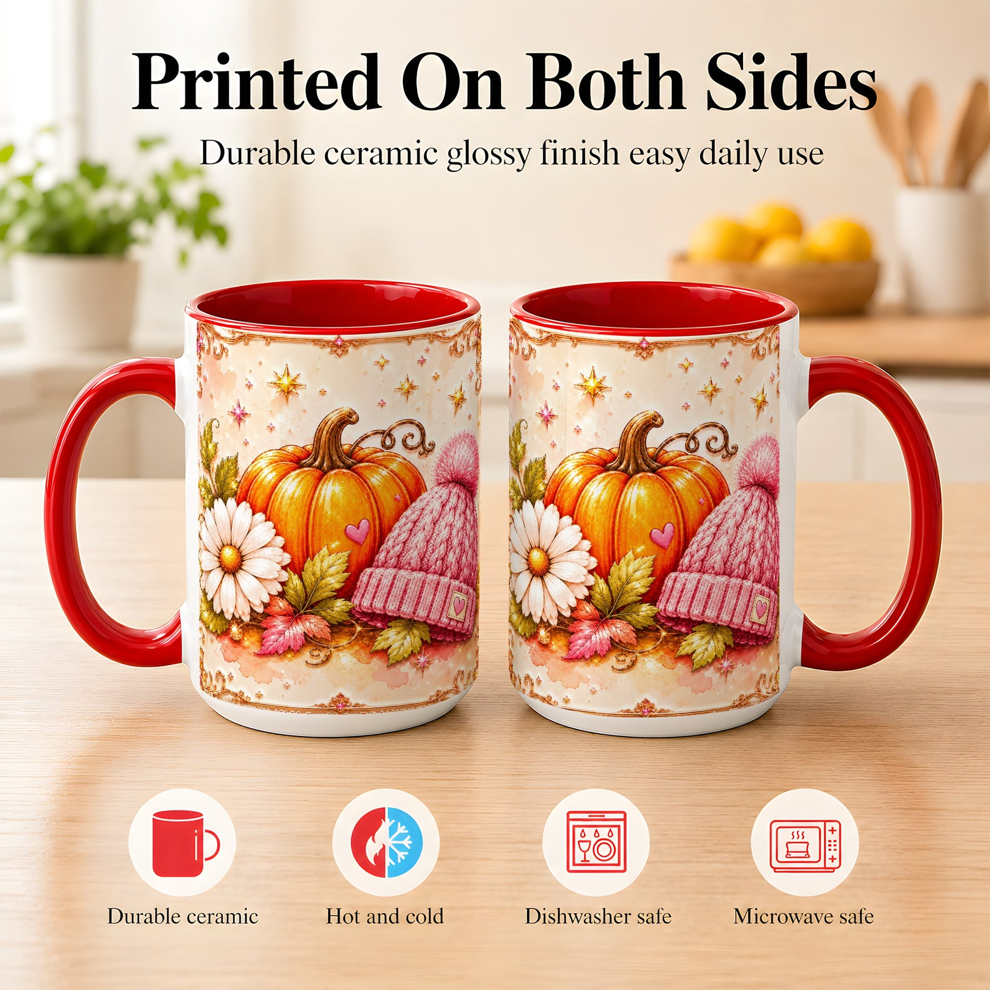 #pl[15oz|Red] Pink Pumpkin Daisy Coffee Mug, Cozy Autumn Knit Hat Mug, Ceramic Cup