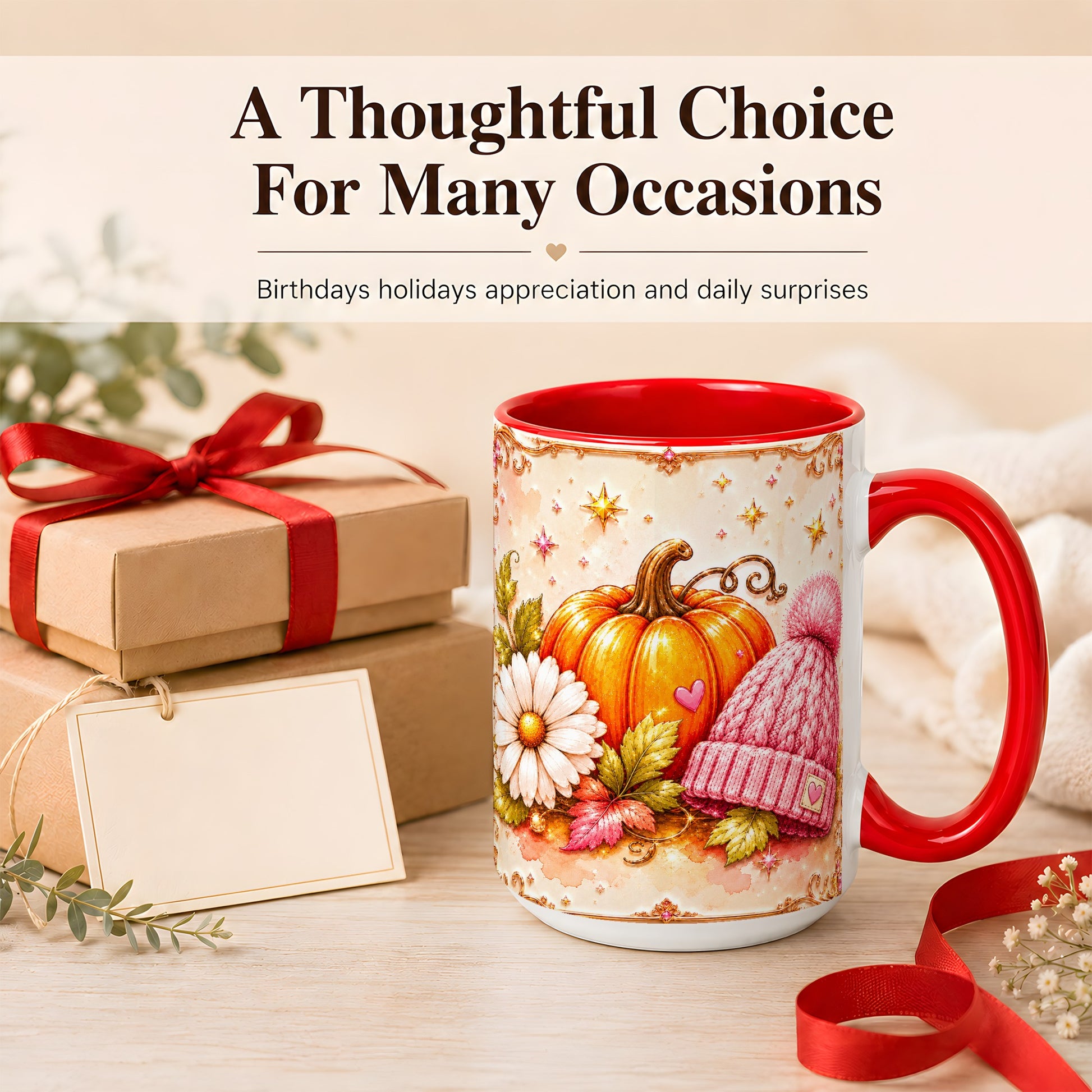 #pl[15oz|Red] Pink Pumpkin Daisy Coffee Mug, Cozy Autumn Knit Hat Mug, Ceramic Cup