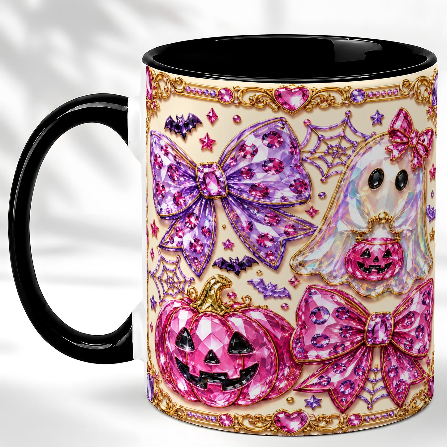 #pl[11oz|Black] Pink Ghost Bow Coffee Mug, Halloween Pumpkin Mug, Ceramic Cup