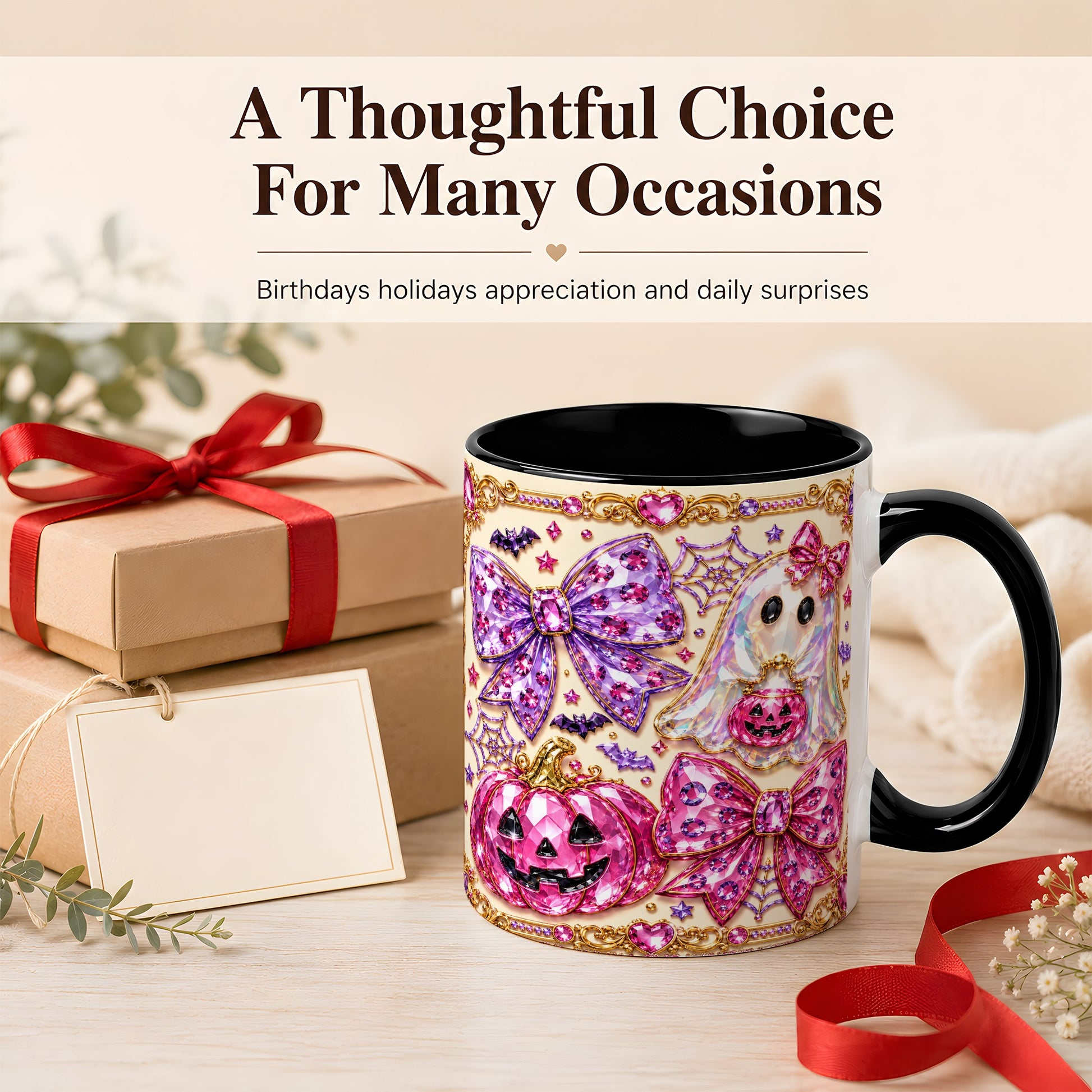 #pl[11oz|Black] Pink Ghost Bow Coffee Mug, Halloween Pumpkin Mug, Ceramic Cup