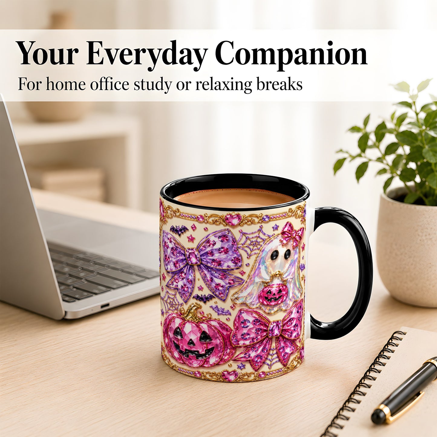 #pl[11oz|Black] Pink Ghost Bow Coffee Mug, Halloween Pumpkin Mug, Ceramic Cup