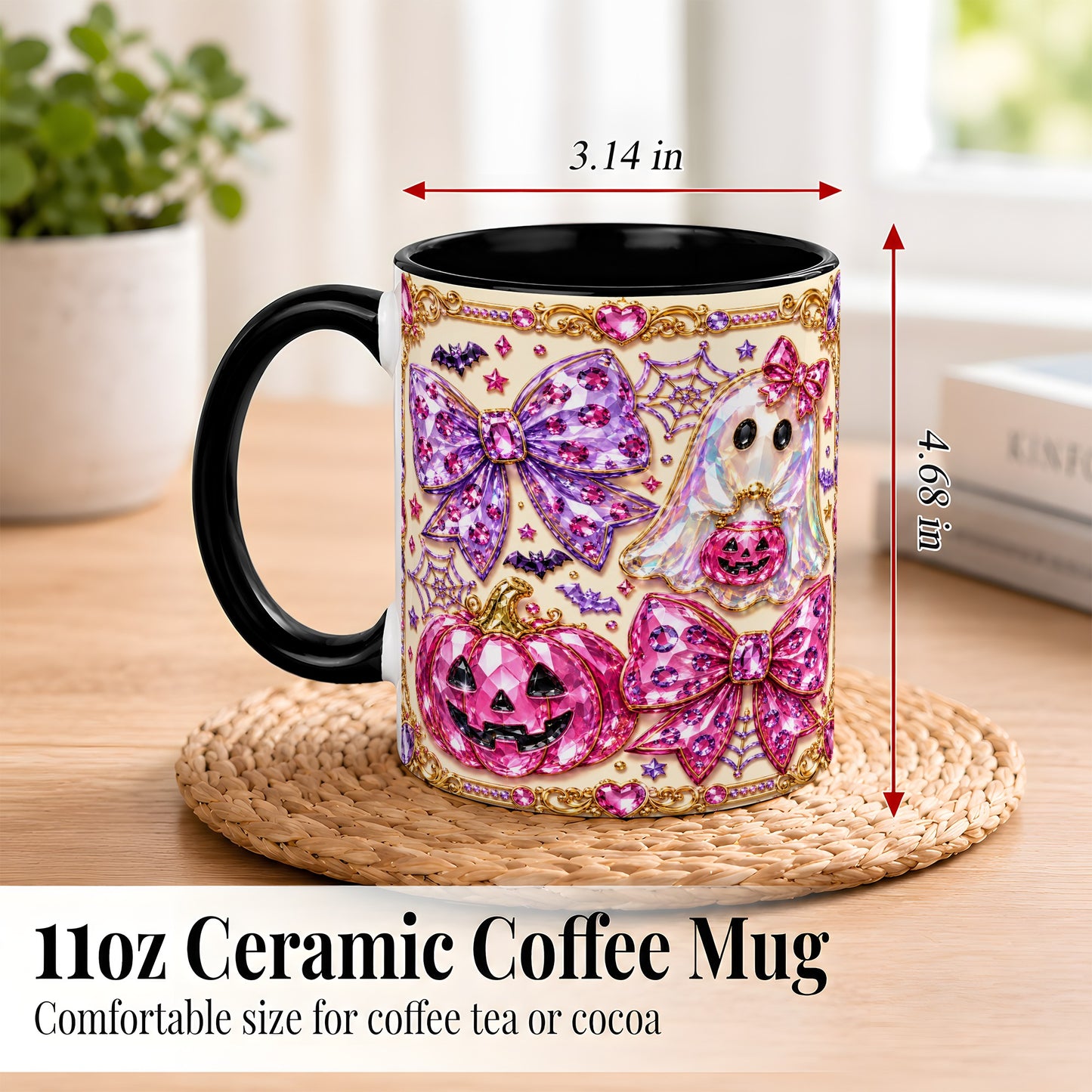 #pl[11oz|Black] Pink Ghost Bow Coffee Mug, Halloween Pumpkin Mug, Ceramic Cup