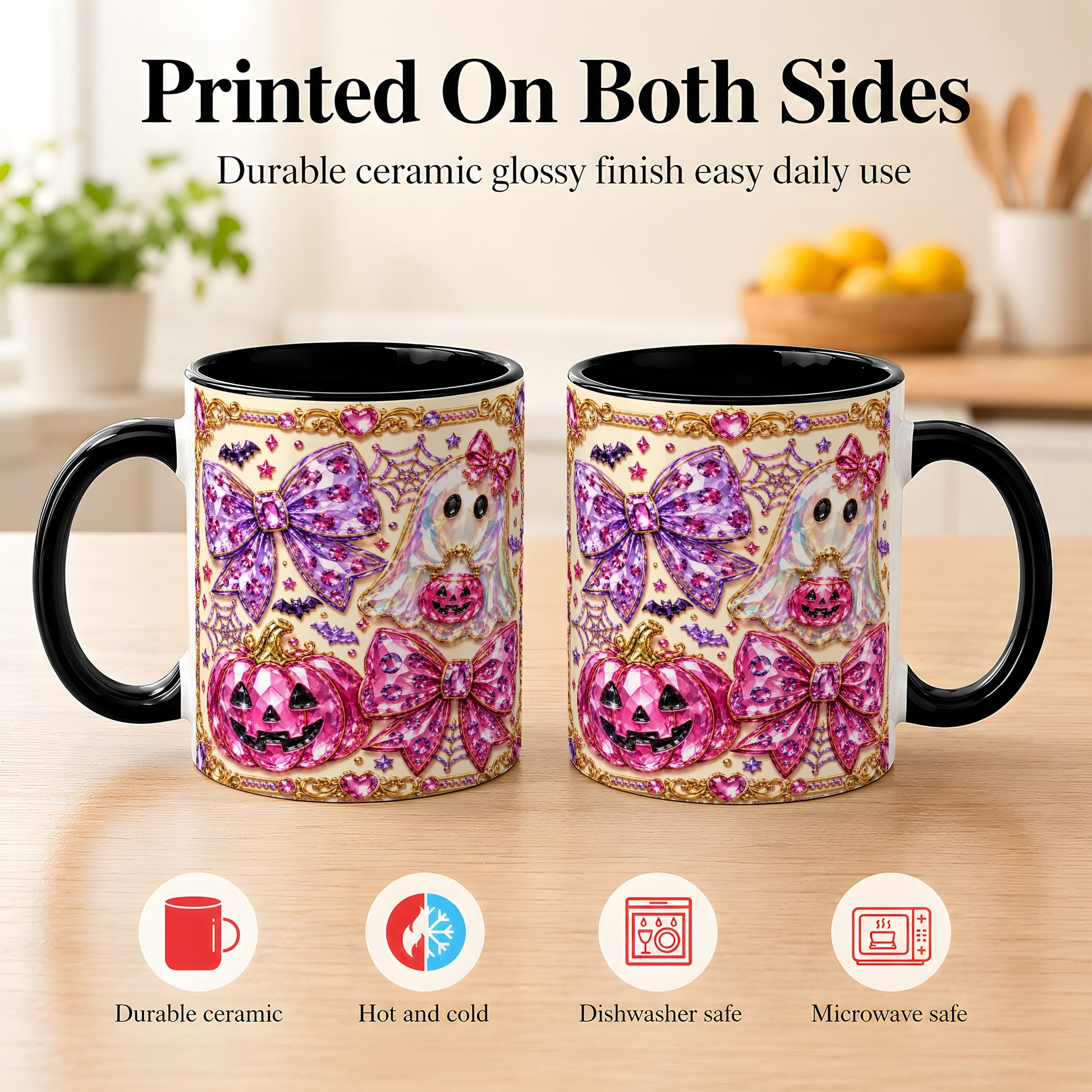 #pl[11oz|Black] Pink Ghost Bow Coffee Mug, Halloween Pumpkin Mug, Ceramic Cup