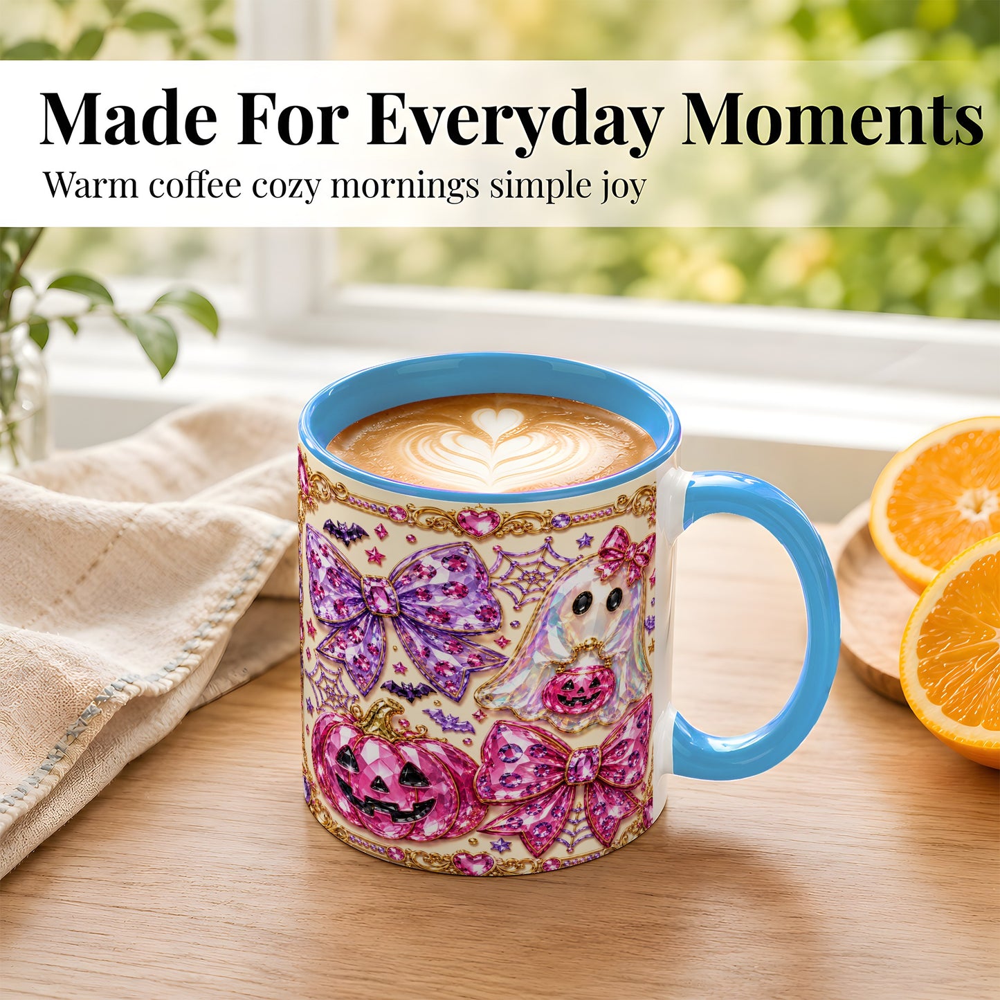 #pl[11oz|Blue] Pink Ghost Bow Coffee Mug, Halloween Pumpkin Mug, Ceramic Cup