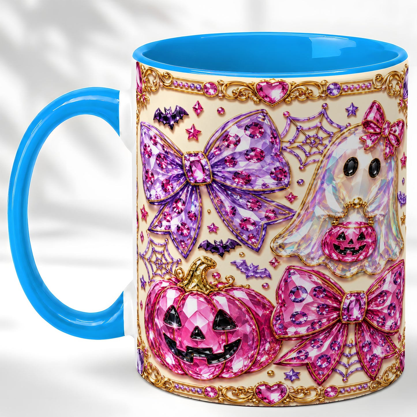 #pl[11oz|Blue] Pink Ghost Bow Coffee Mug, Halloween Pumpkin Mug, Ceramic Cup