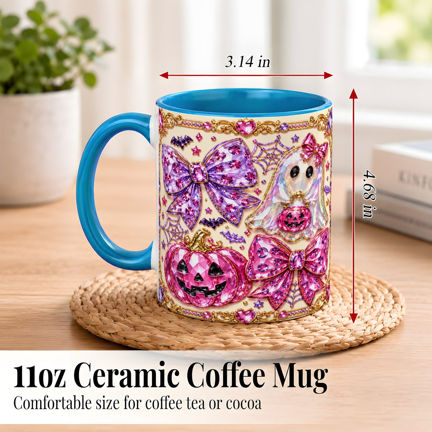 #pl[11oz|Blue] Pink Ghost Bow Coffee Mug, Halloween Pumpkin Mug, Ceramic Cup