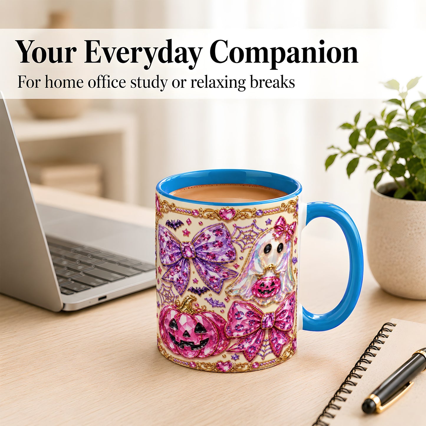 #pl[11oz|Blue] Pink Ghost Bow Coffee Mug, Halloween Pumpkin Mug, Ceramic Cup