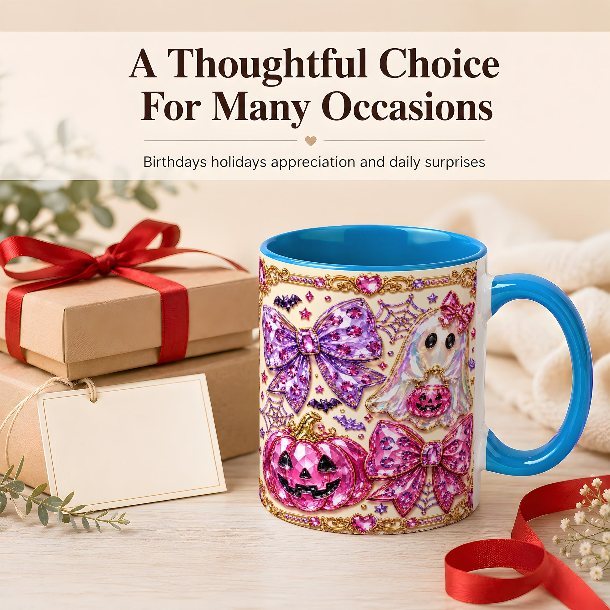 #pl[11oz|Blue] Pink Ghost Bow Coffee Mug, Halloween Pumpkin Mug, Ceramic Cup