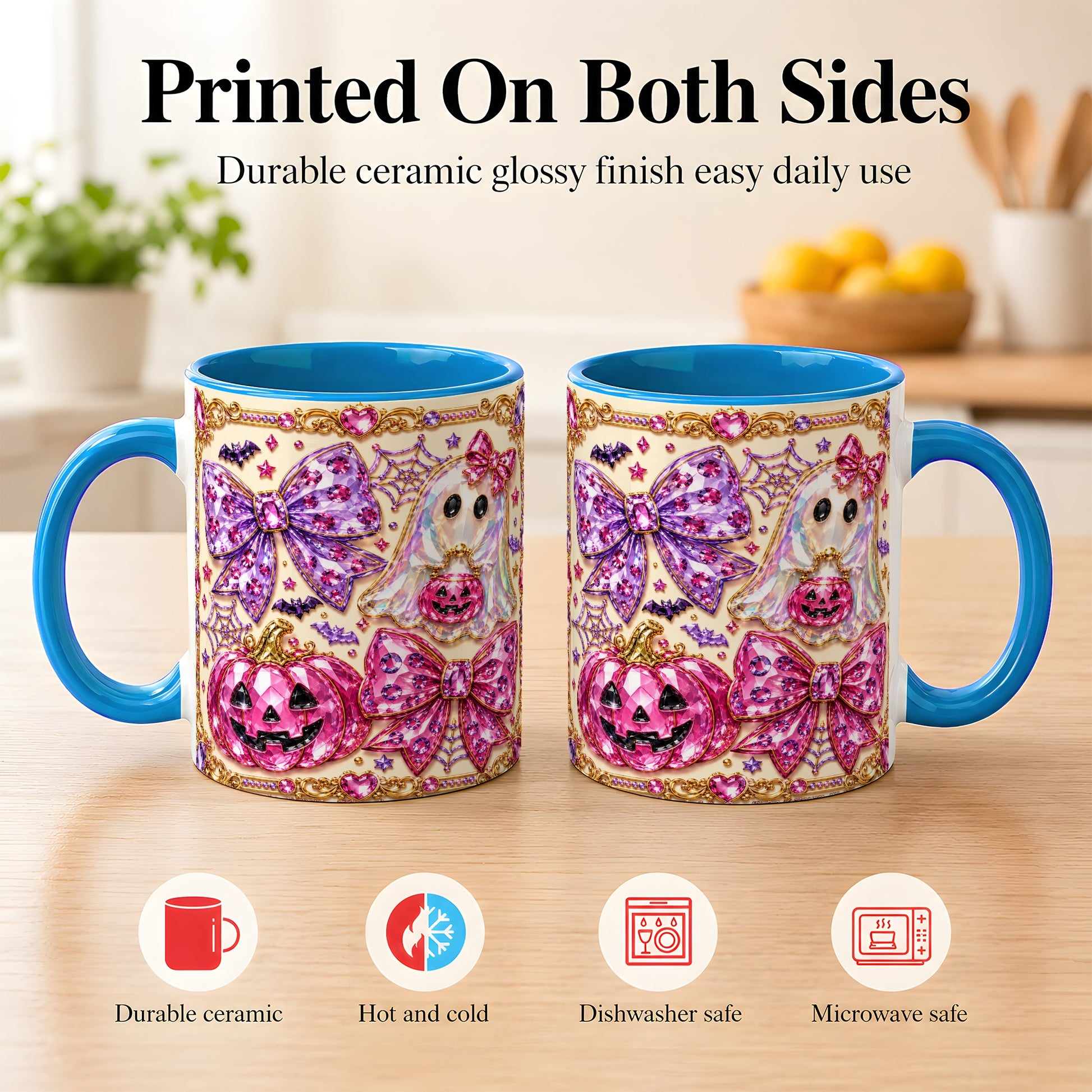 #pl[11oz|Blue] Pink Ghost Bow Coffee Mug, Halloween Pumpkin Mug, Ceramic Cup