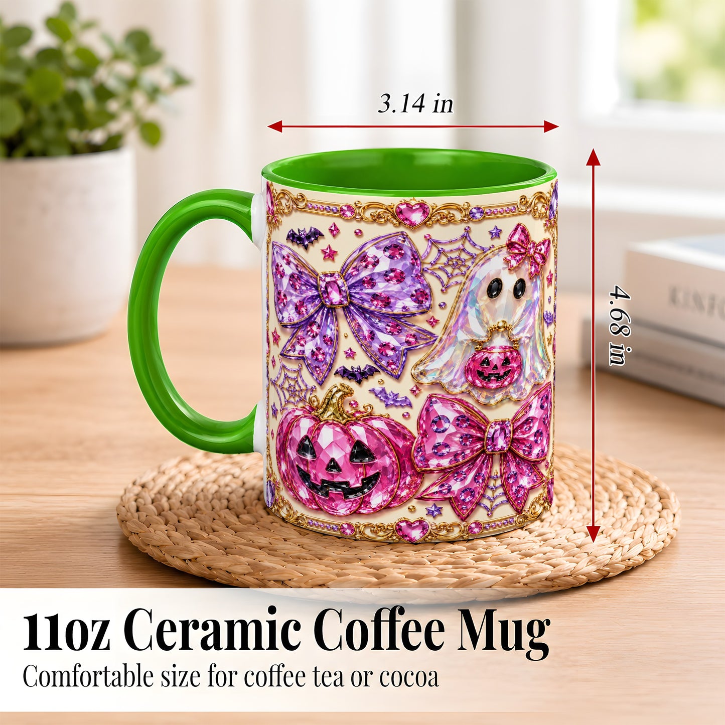 #pl[11oz|Green] Pink Ghost Bow Coffee Mug, Halloween Pumpkin Mug, Ceramic Cup