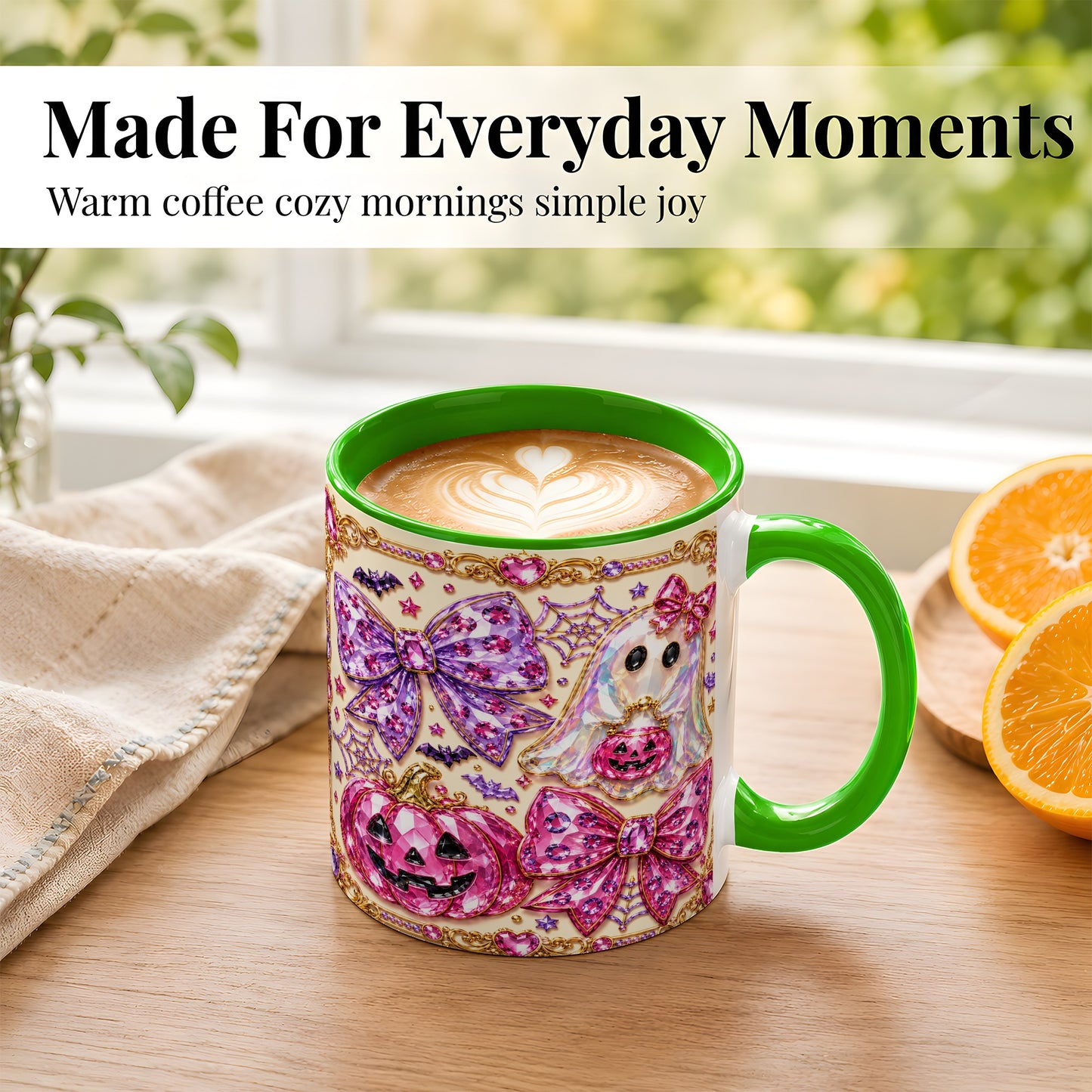 #pl[11oz|Green] Pink Ghost Bow Coffee Mug, Halloween Pumpkin Mug, Ceramic Cup