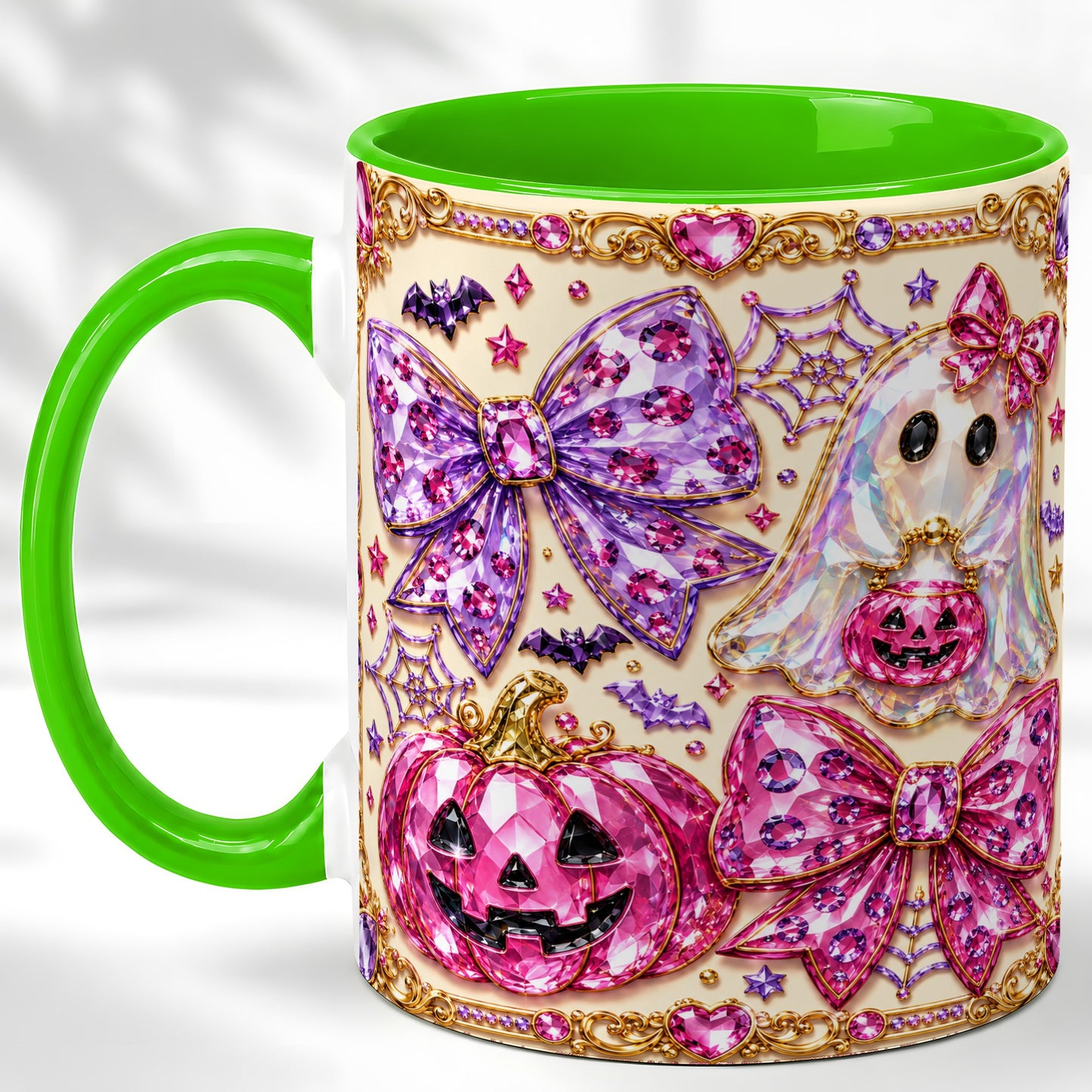 #pl[11oz|Green] Pink Ghost Bow Coffee Mug, Halloween Pumpkin Mug, Ceramic Cup