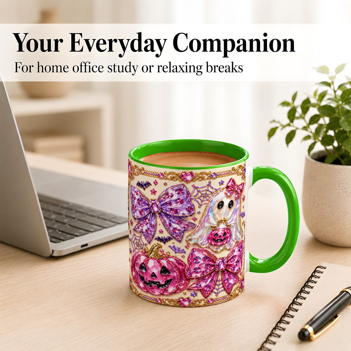 #pl[11oz|Green] Pink Ghost Bow Coffee Mug, Halloween Pumpkin Mug, Ceramic Cup