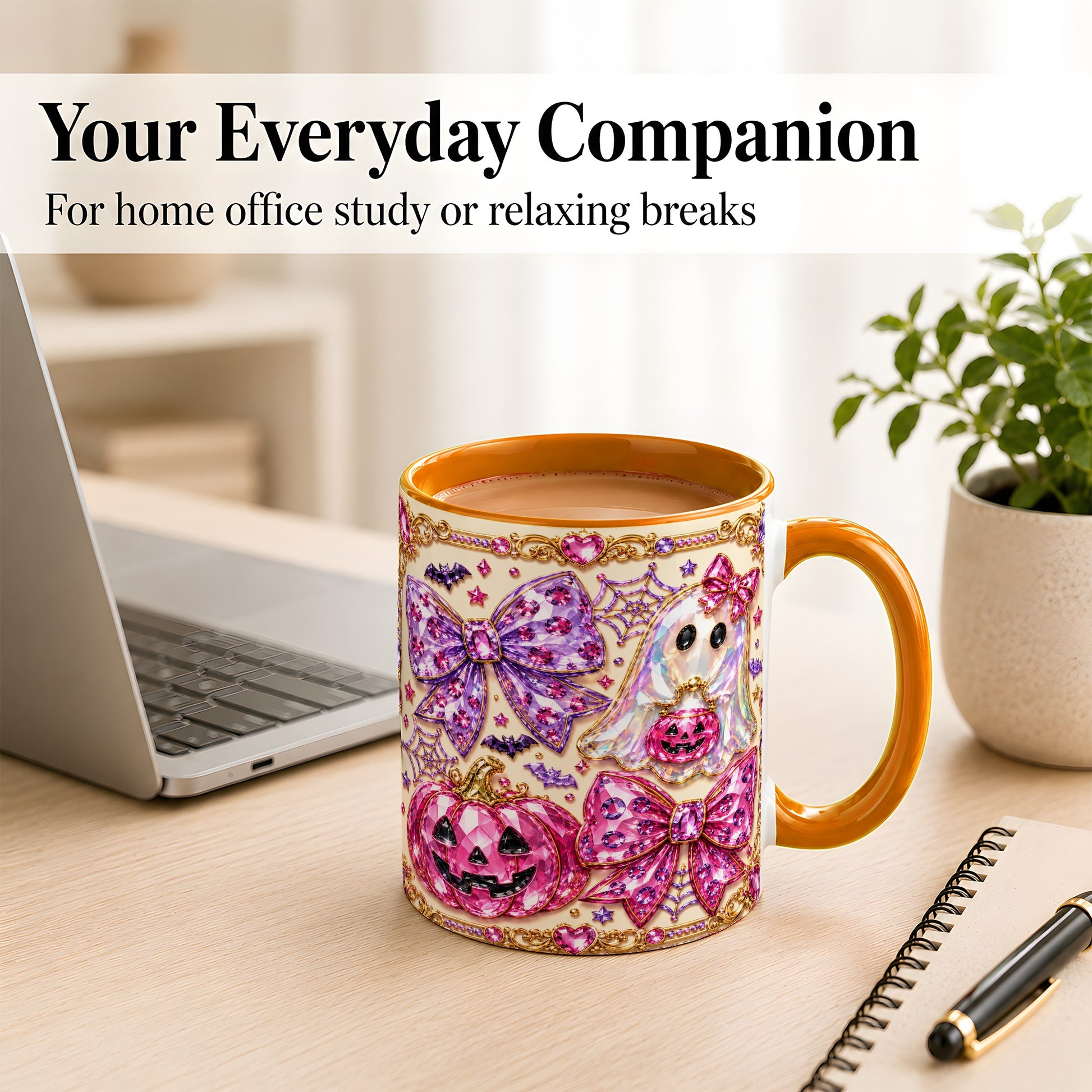 #pl[11oz|Orange] Pink Ghost Bow Coffee Mug, Halloween Pumpkin Mug, Ceramic Cup