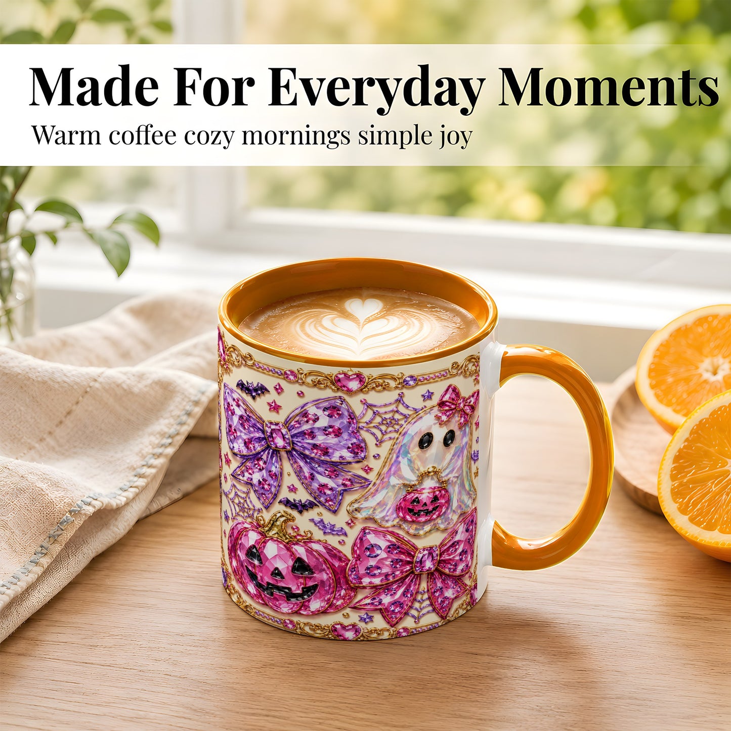 #pl[11oz|Orange] Pink Ghost Bow Coffee Mug, Halloween Pumpkin Mug, Ceramic Cup
