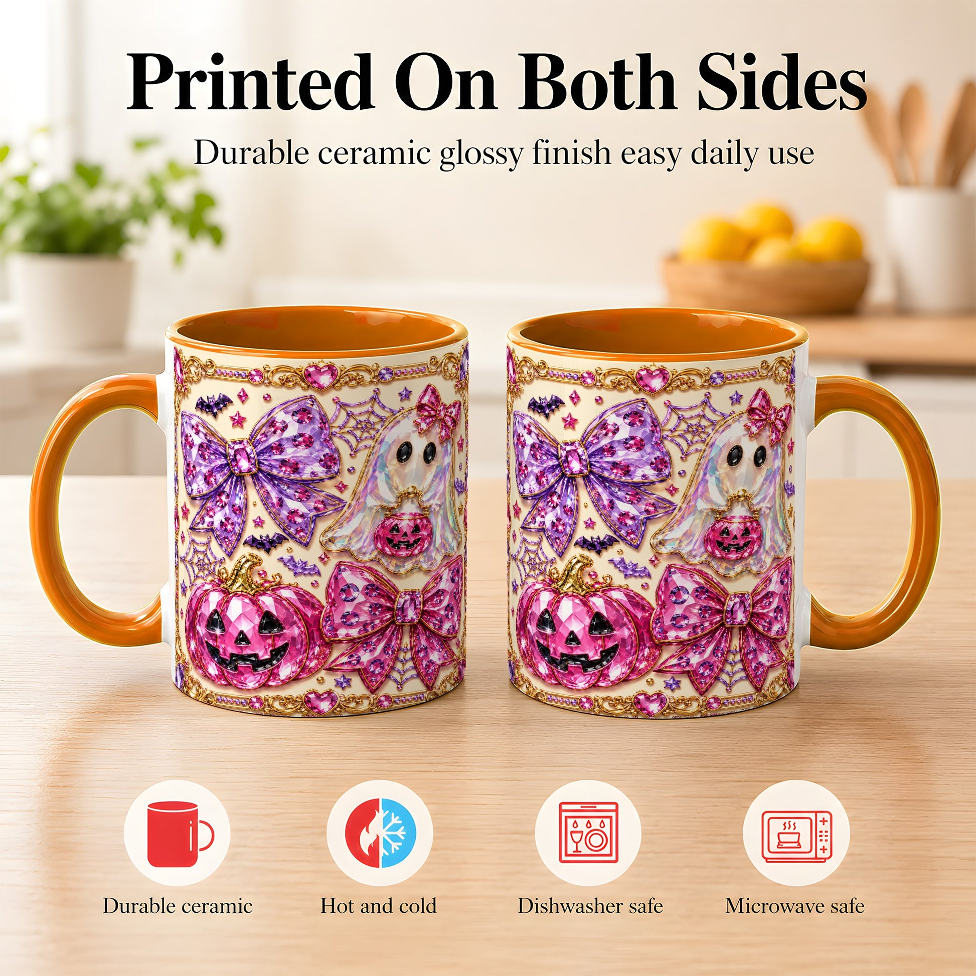 #pl[11oz|Orange] Pink Ghost Bow Coffee Mug, Halloween Pumpkin Mug, Ceramic Cup