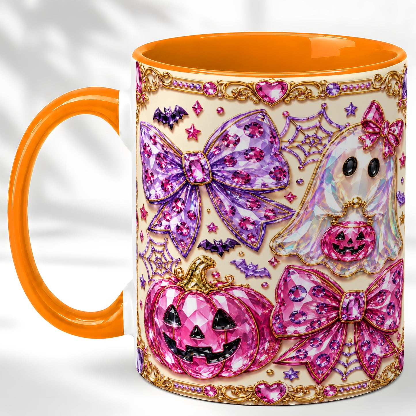 #pl[11oz|Orange] Pink Ghost Bow Coffee Mug, Halloween Pumpkin Mug, Ceramic Cup